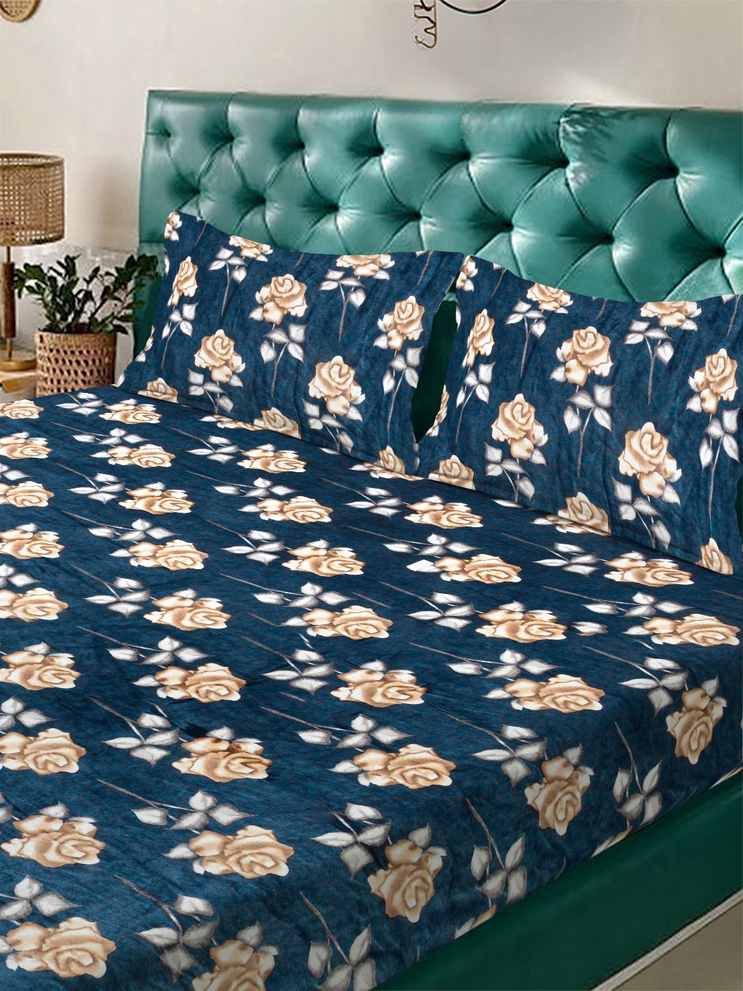 Turquoise Floral Super King Woolen Fitted Double Bedsheet with 2 Pillow Covers