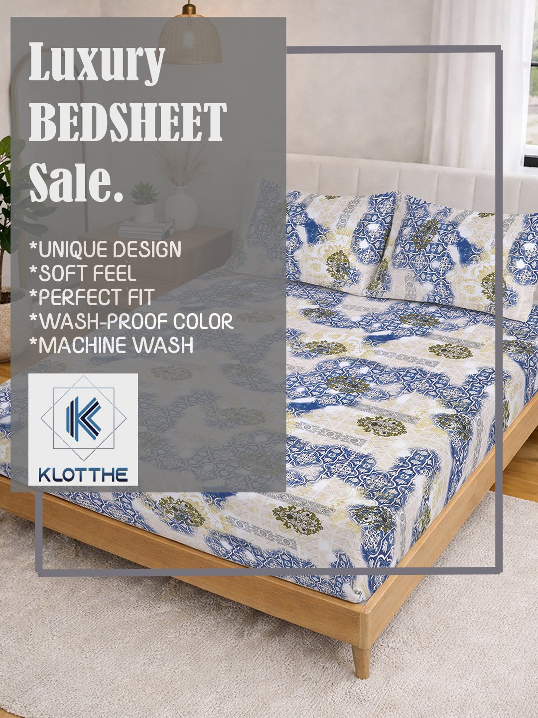 Blue Ethnic Motifs Fitted Fitted Cotton Blend Double Bedsheet with 2 Pillow Covers