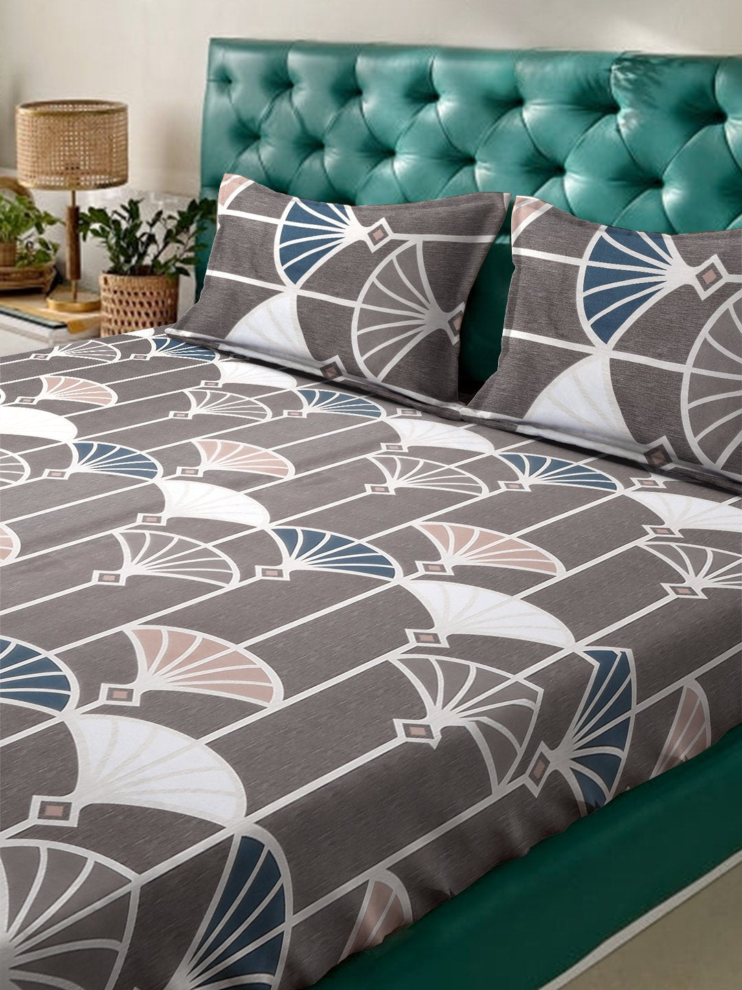 Book Fold Brown Floral 300 TC Cotton Blend Fitted Double Bedsheet with 2 Pillow Covers