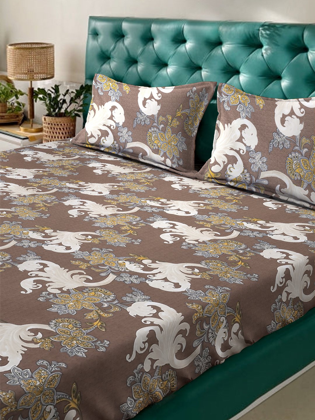 Book Fold Brown Floral 300 TC Cotton Blend Fitted Double Bedsheet with 2 Pillow Covers