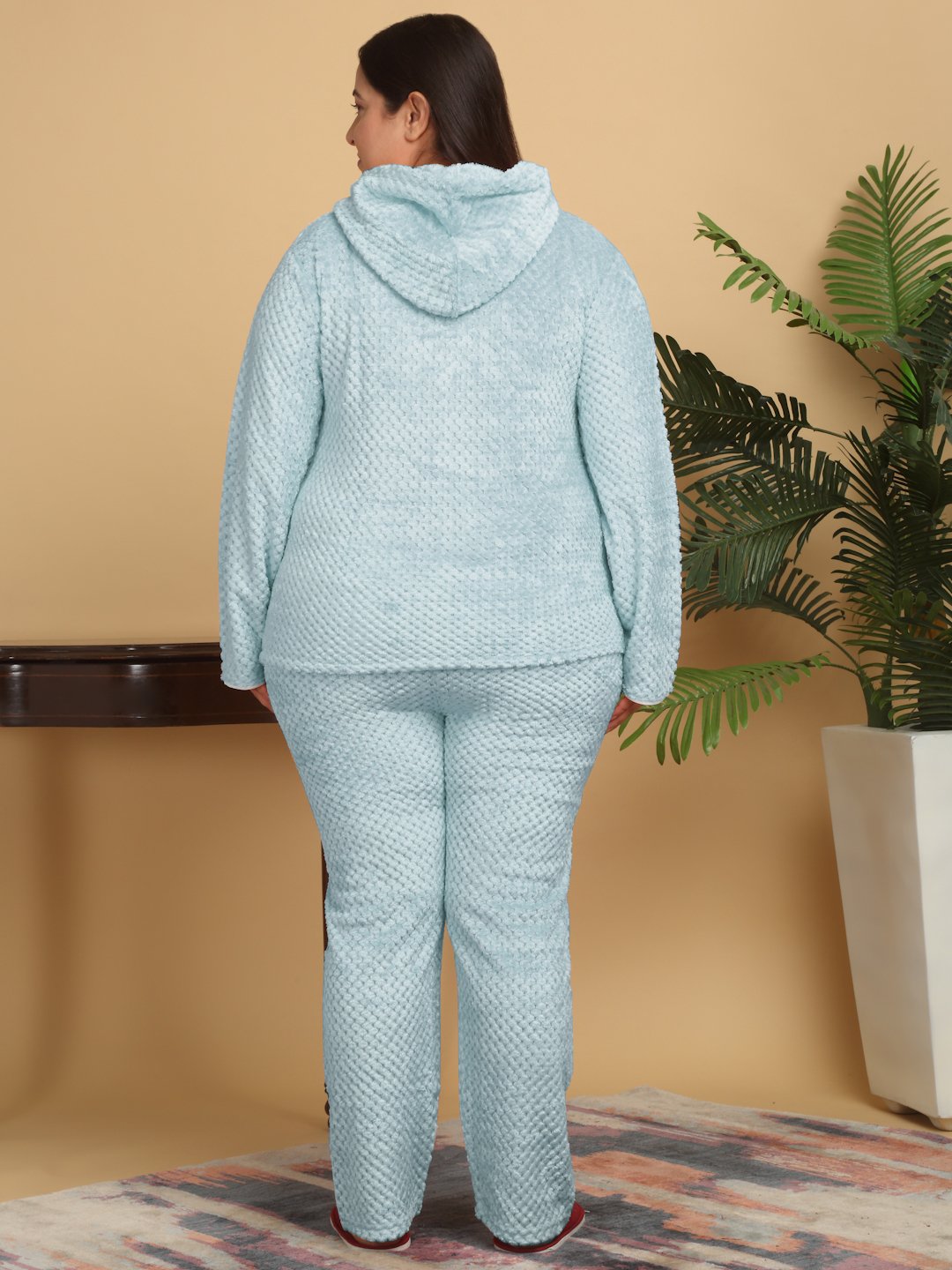 Women Turquoise Solid Hooded Woolen Night Suit