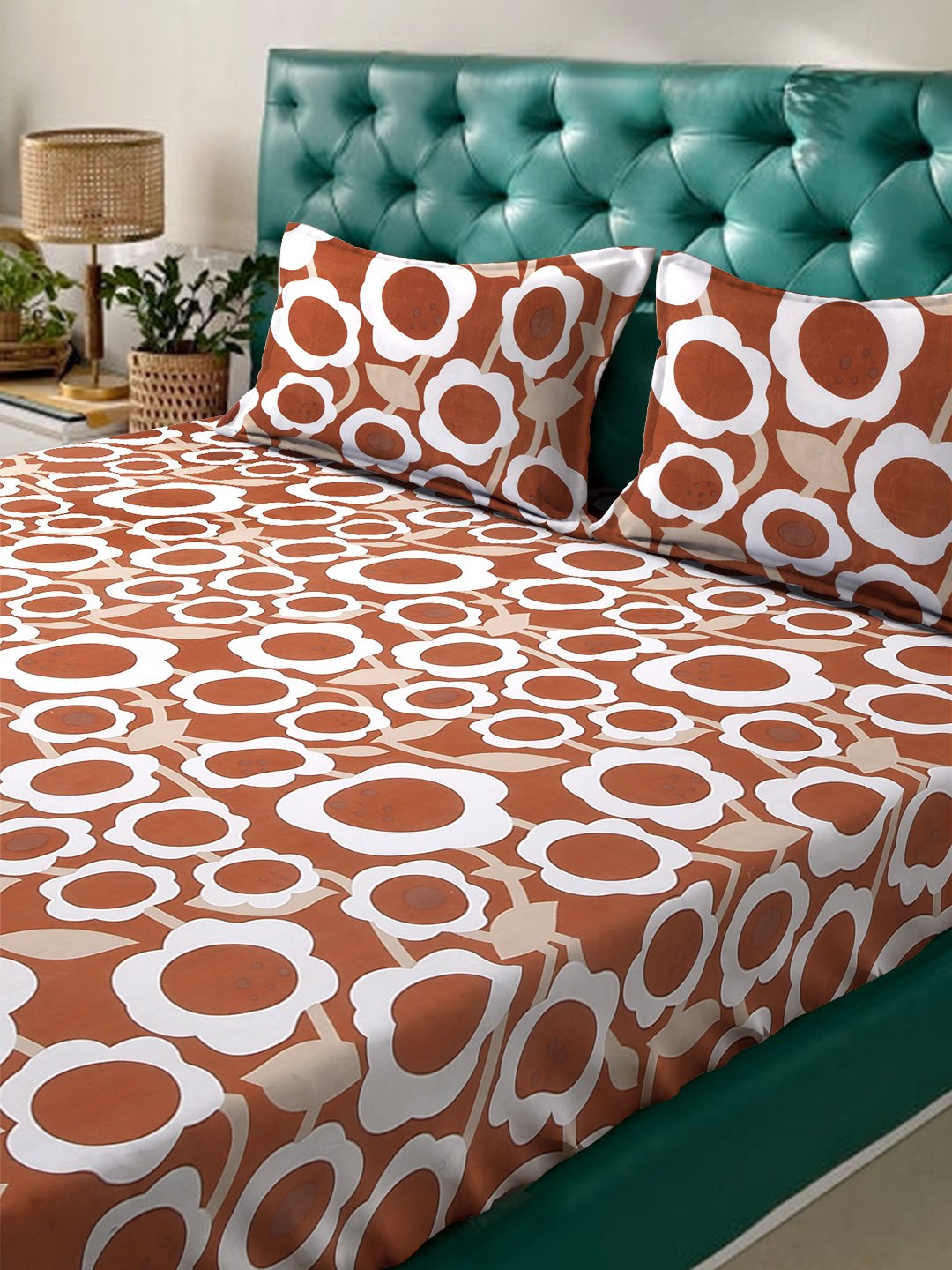 Rust Floral 300 TC Cotton Blend Fitted Double Bedsheet with 2 Pillow Covers