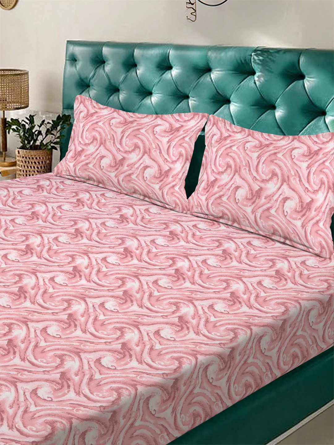 Red Abstract 300 TC Cotton Blend Fitted Double Bedsheet with 2 Pillow Covers