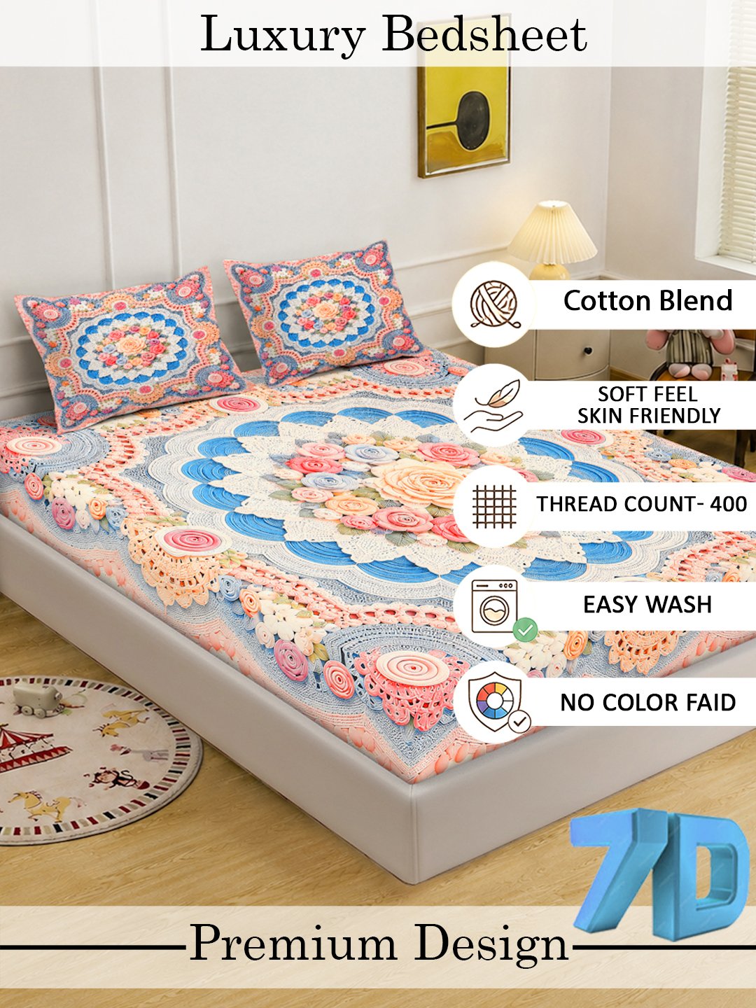 Digital Printed Multi Floral Cotton Blend Double Bedsheet with 2 Pillow Covers