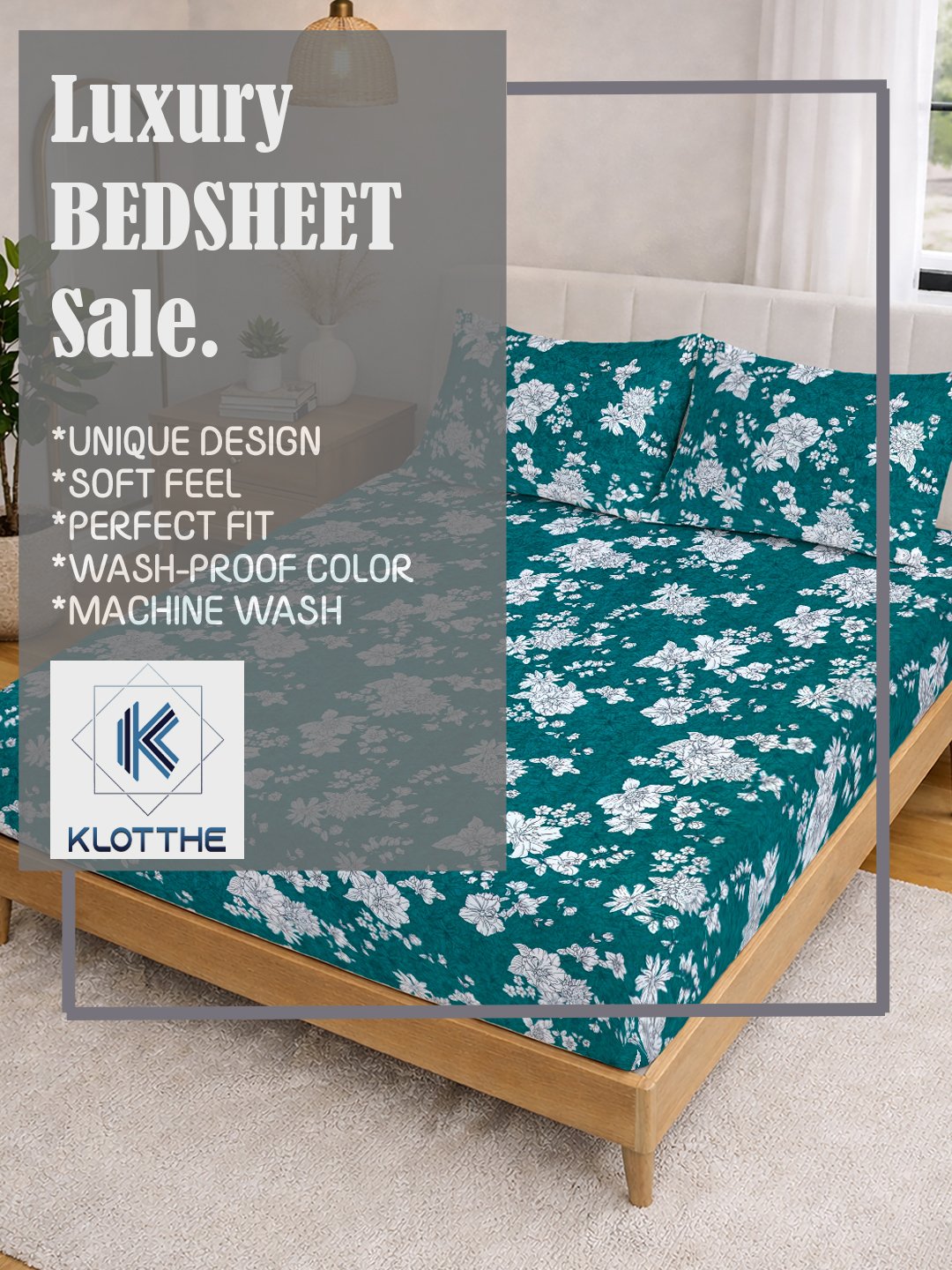 Green Floral Cotton Blend Fitted Double Bedsheet with 2 Pillow Covers