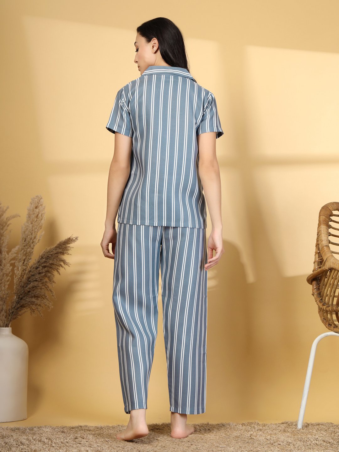 Women Grey Striped Cotton Blend Night Suit