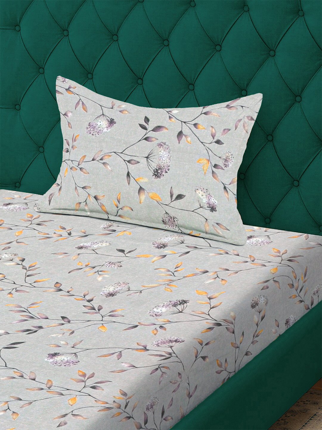 Grey Floral 300 TC Cotton Blend Fitted Single Bedsheet with Pillow Cover
