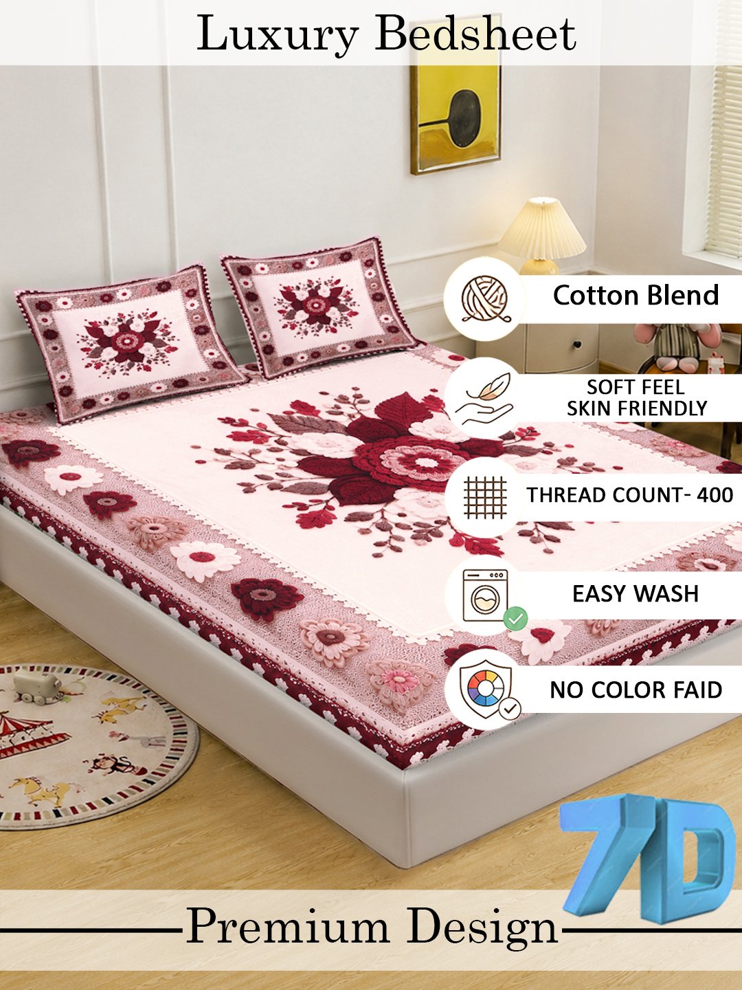 Digital Printed Maroon Floral Cotton Blend Double Bedsheet with 2 Pillow Covers