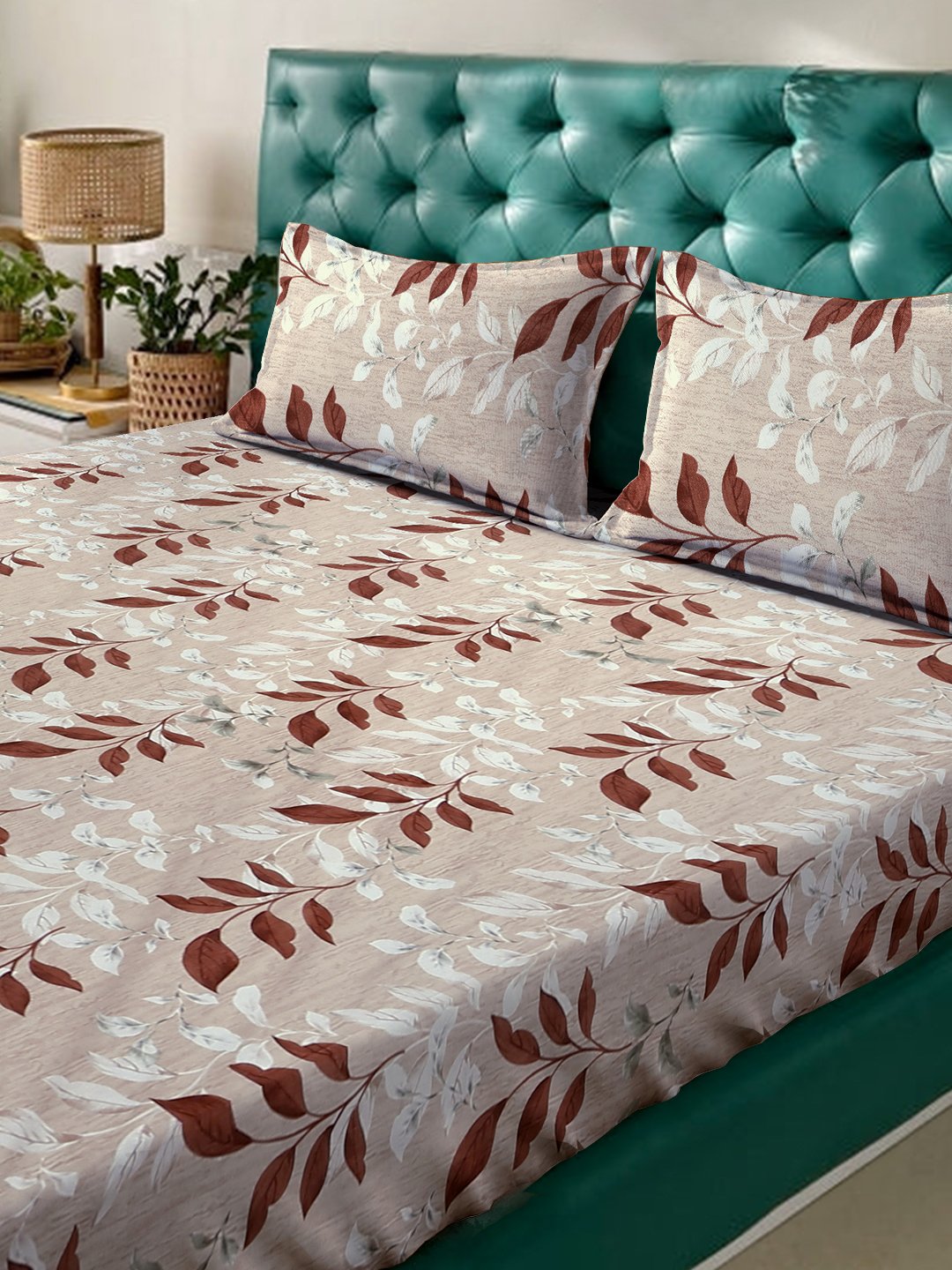 Peach Floral 400 TC Pure Cotton Fitted Double Bedsheet with 2 Pillow Covers