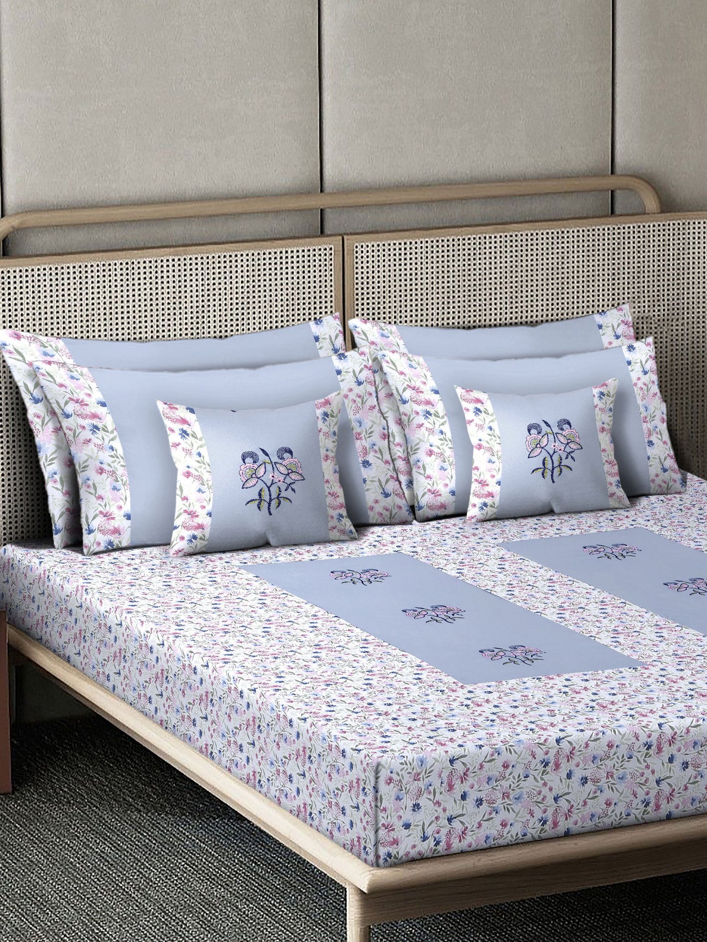 SkyBlue Floral Embroidered 400 TC Cotton Fitted Double Bedsheet with 4 Pillow Covers & 2 Cushion Covers