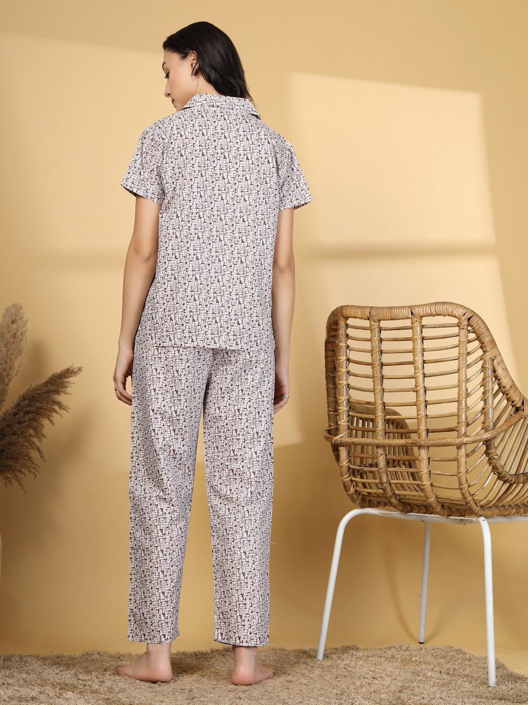Women Maroon Abstract Pure Cotton Night Suit