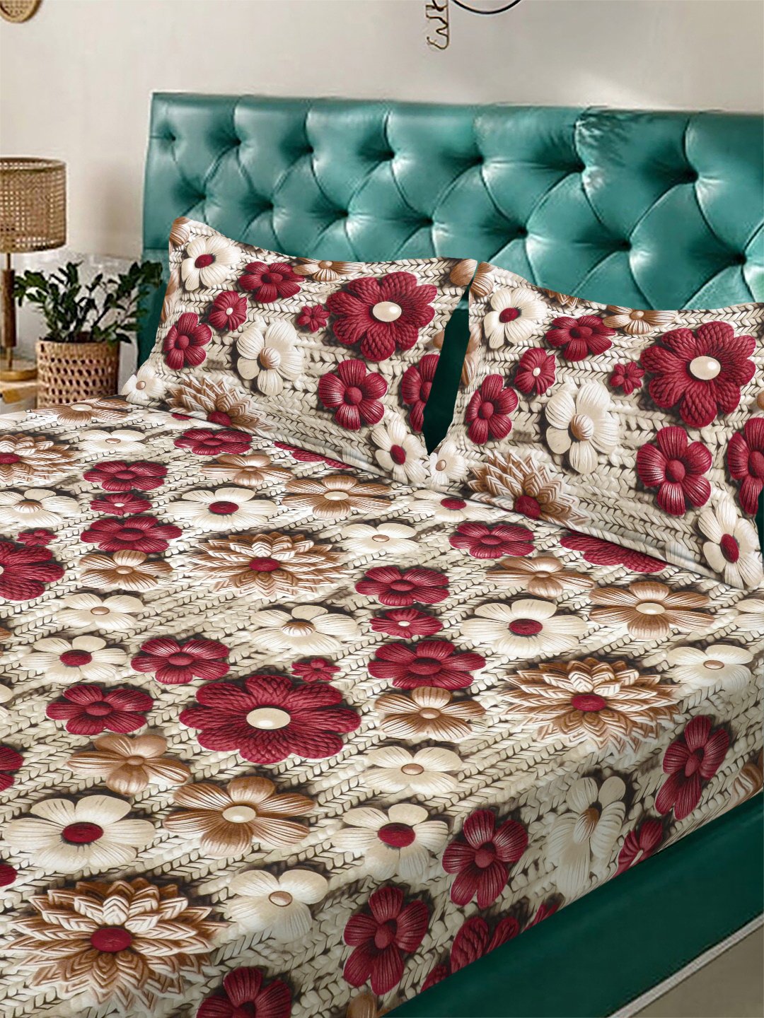 Beige Floral 7D King Size Cotton Blend Fitted Double Bedsheet with 2 Pillow Covers