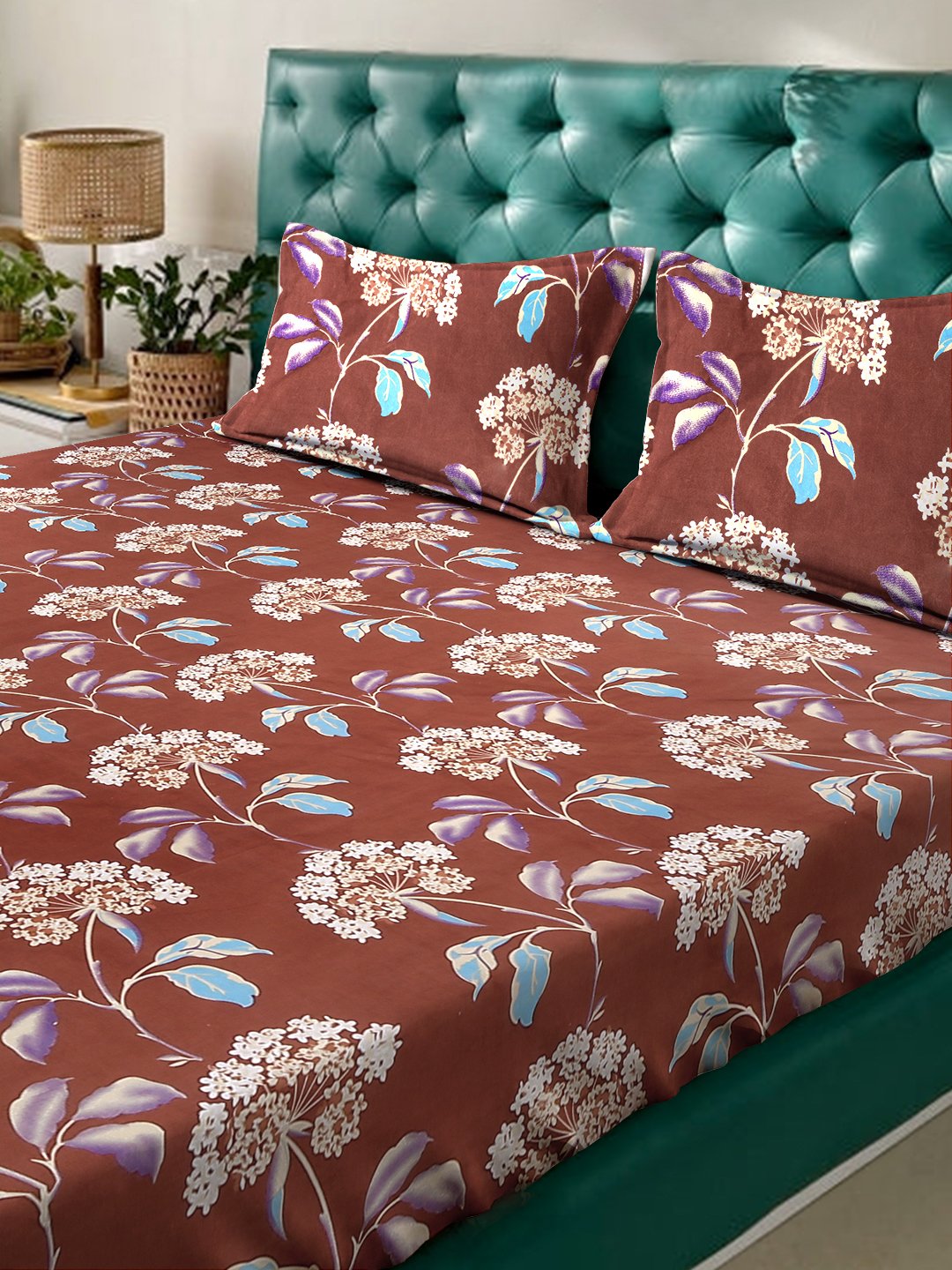 Rust Floral 300 TC Cotton Blend Double Bedsheet with 2 Pillow Covers