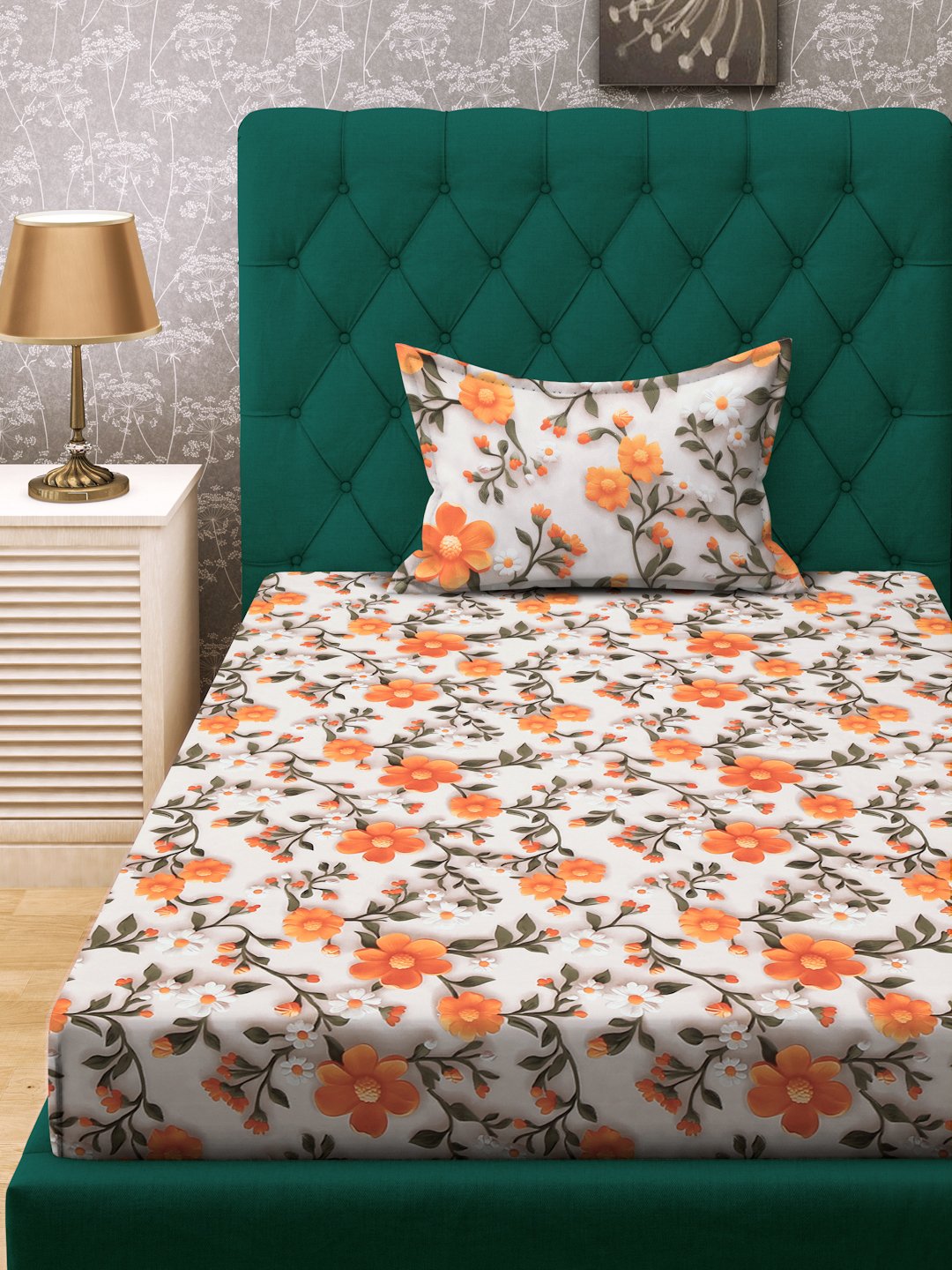 Cream Floral 7D Cotton Blend Single Bedsheet with Pillow Cover