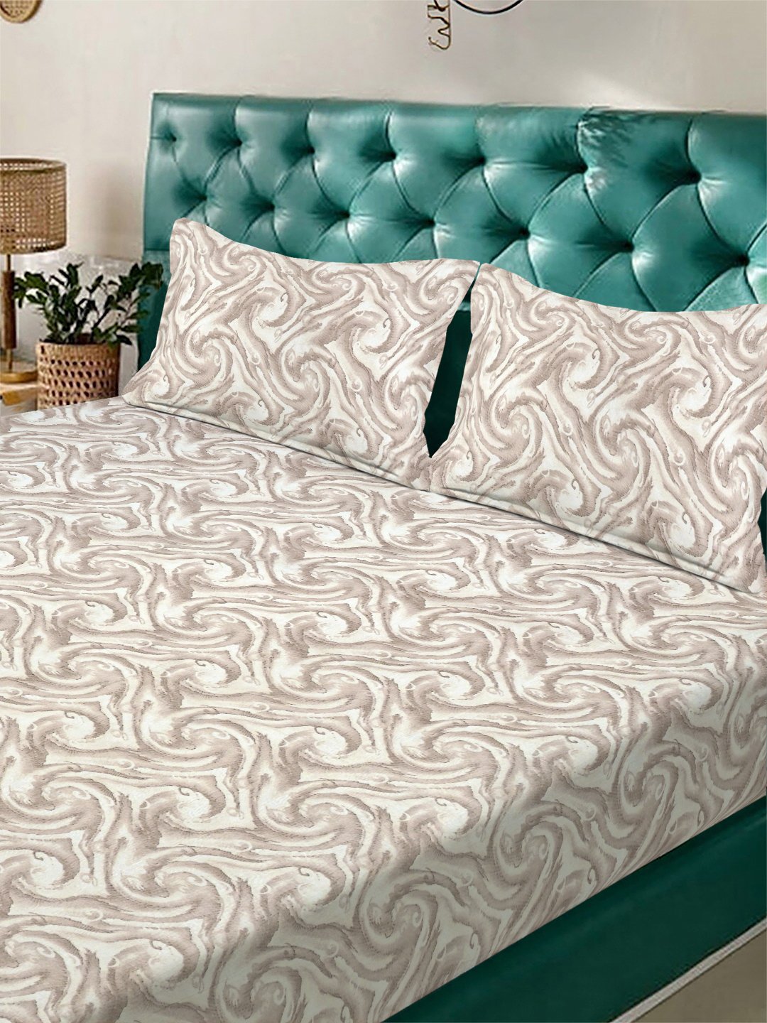 Beige Abstract 300 TC Cotton Blend Fitted Double Bedsheet with 2 Pillow Covers