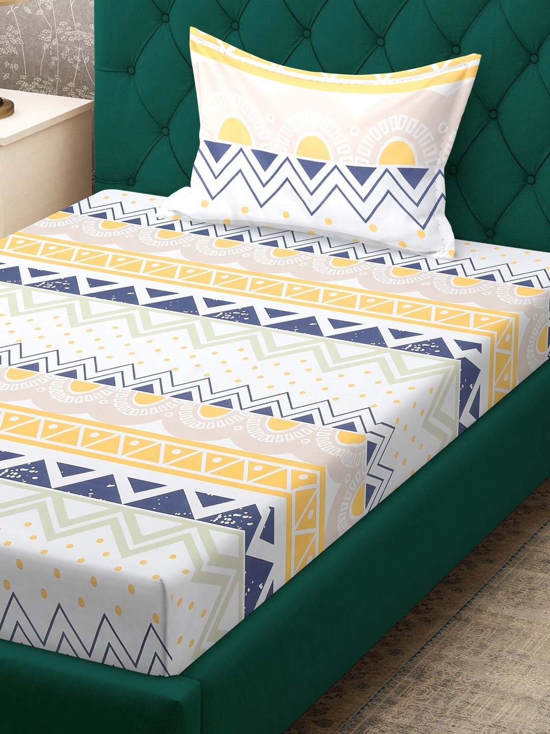 Multi Geometric 300 TC Cotton Blend Single Bedsheet with Pillow Cover