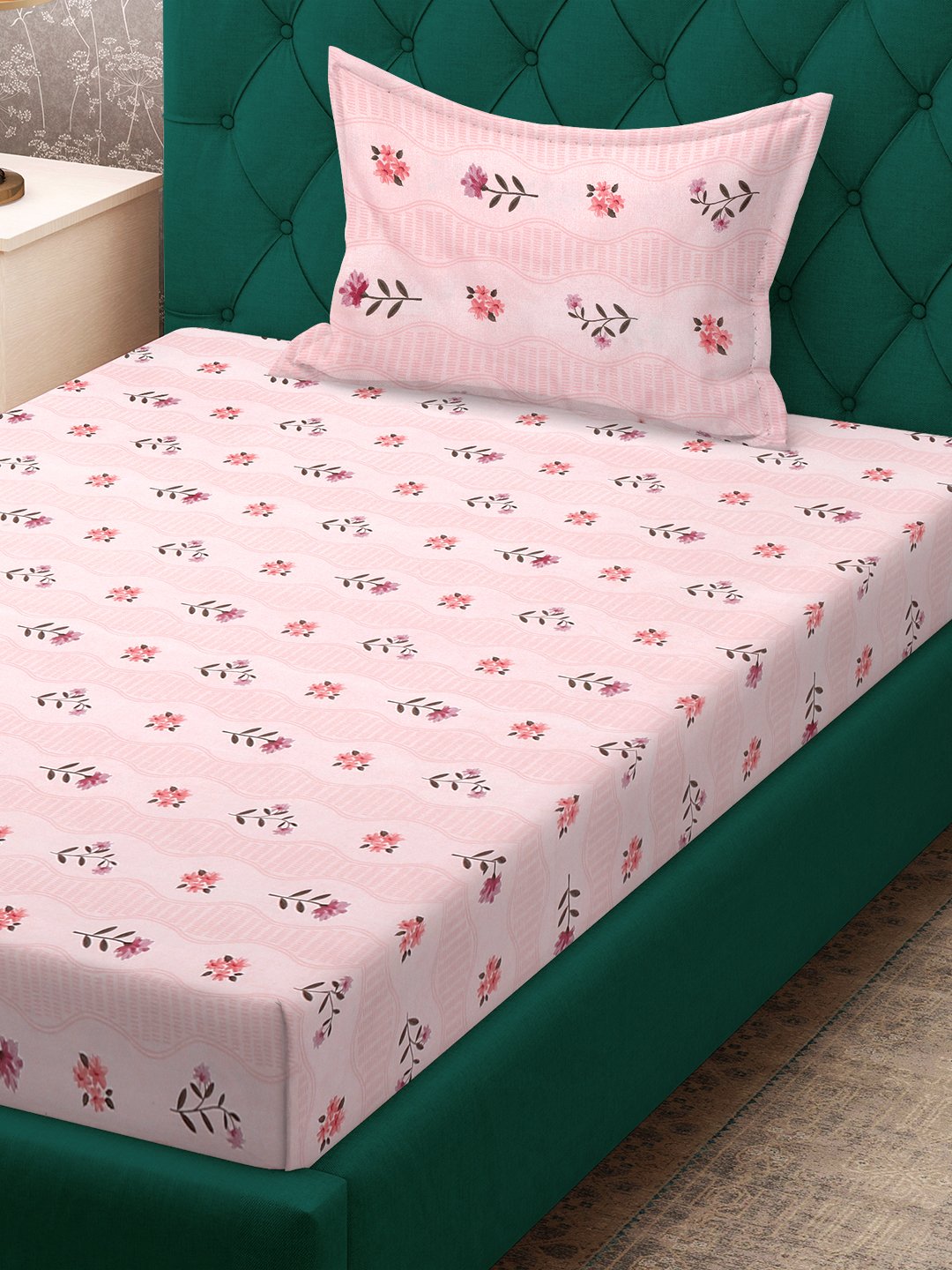Pink Floral 300 TC Cotton Blend Fitted Single Bedsheet Set in Book Fold Packing
