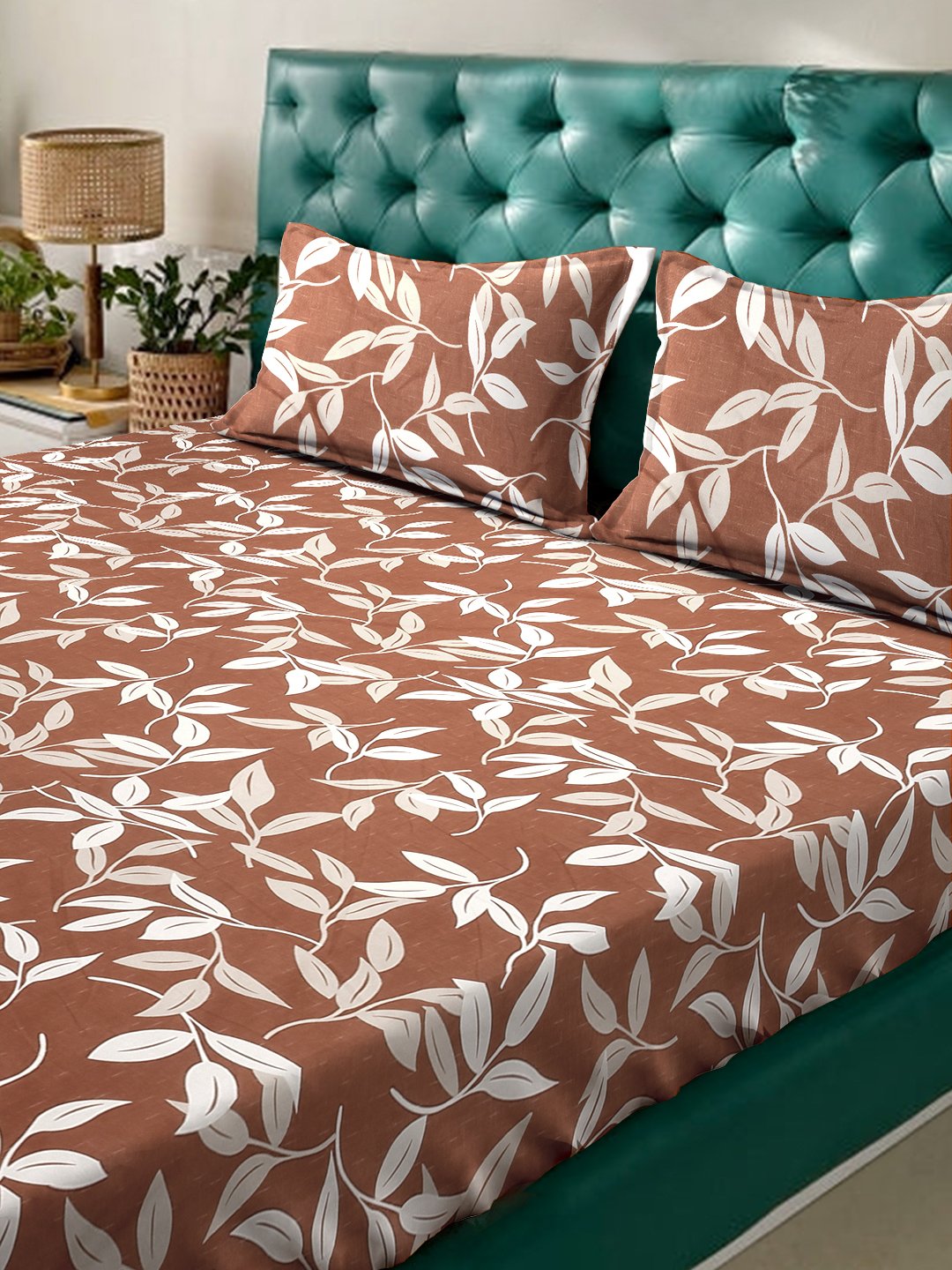 Brown Floral 300 TC Cotton Blend Double Bedsheet in Book Fold Packing