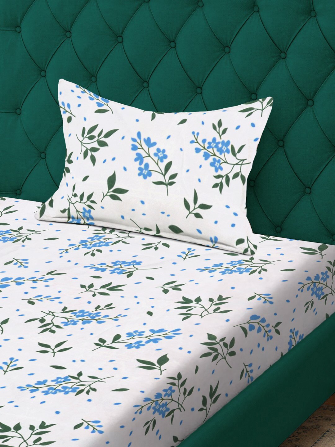 White Floral 300 TC Cotton Blend Fitted Single Bedsheet with Pillow Cover