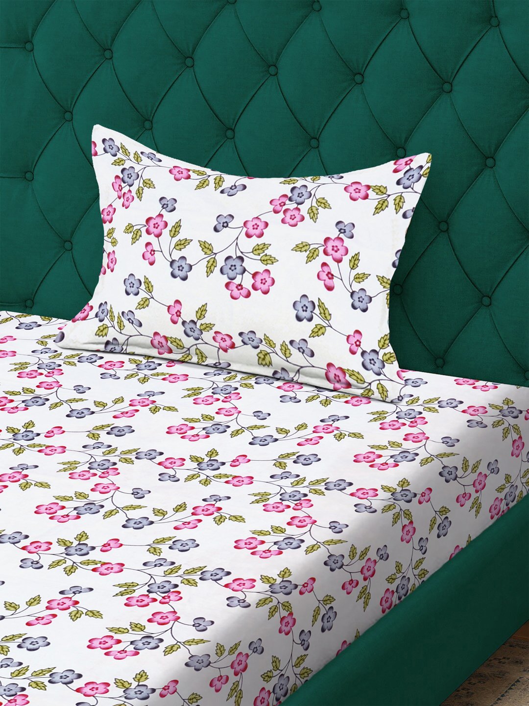 Cream Floral 300 TC Cotton Blend Single Bedsheet with Pillow Cover