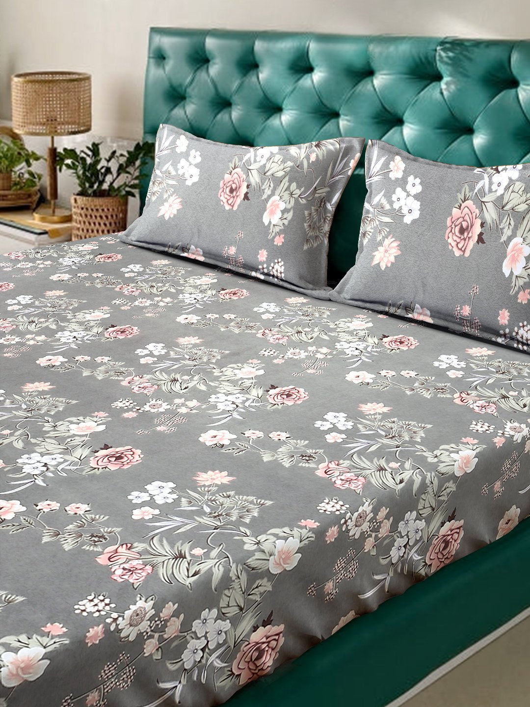 Grey Floral 300 TC Cotton Blend Fitted Double Bedsheet with 2 Pillow Covers