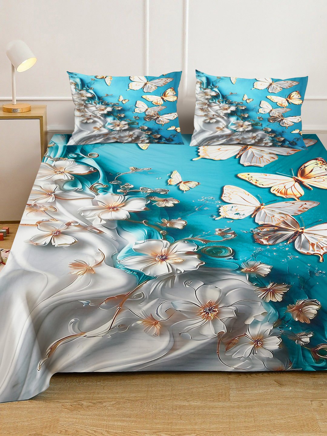 Blue 7D Floral Printed Fitted Cotton Blend Double Bedsheet with 2 Pillow Covers