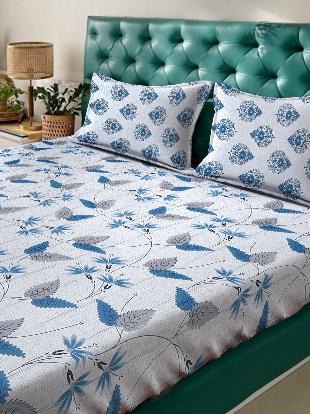 Blue Floral 400 TC Pure Cotton Double Bedsheet with 2 Pillow Covers