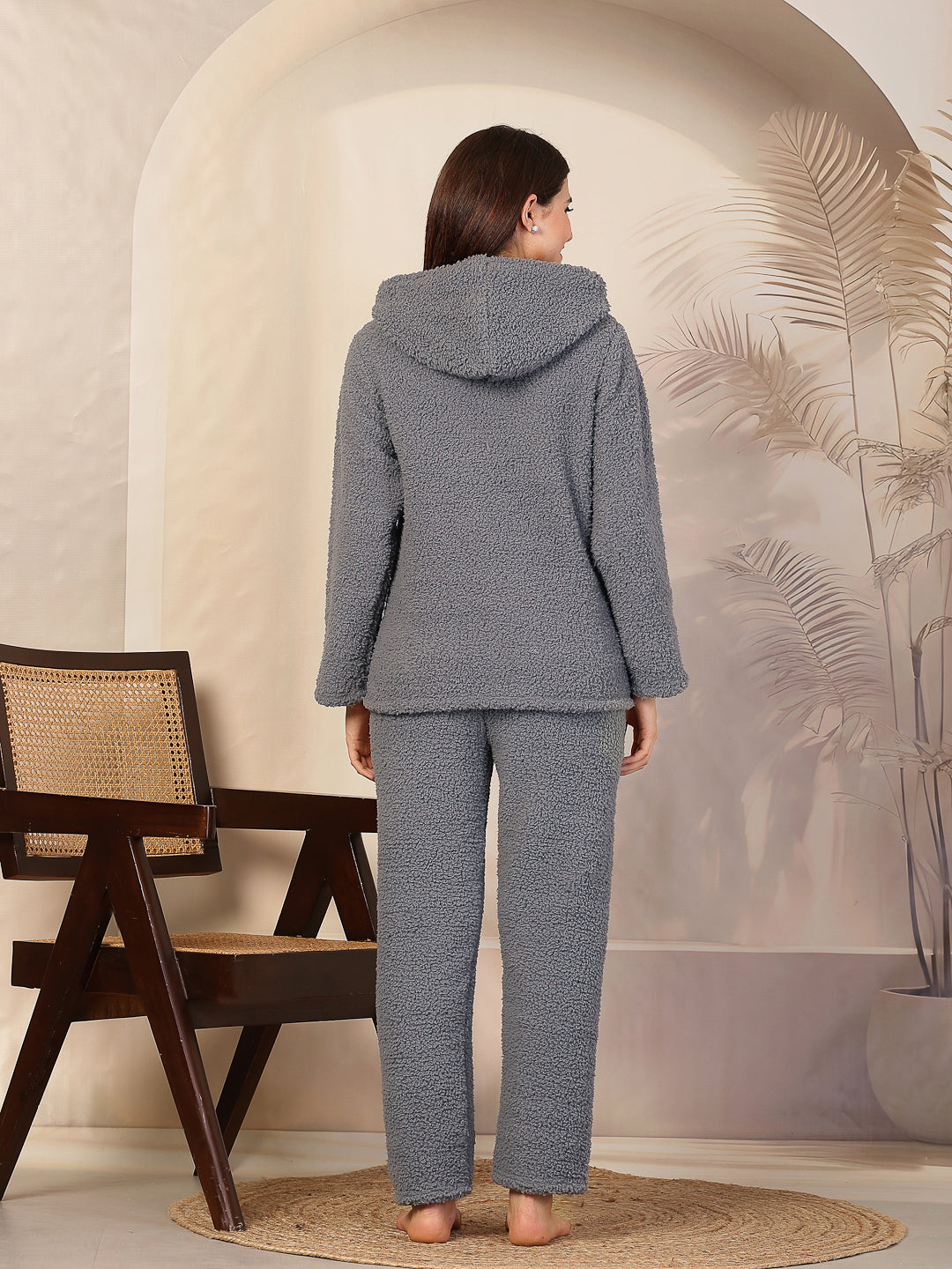 Klotthe Women Grey Solid Sherpa Heavy Winter Hooded Woolen Night Suit