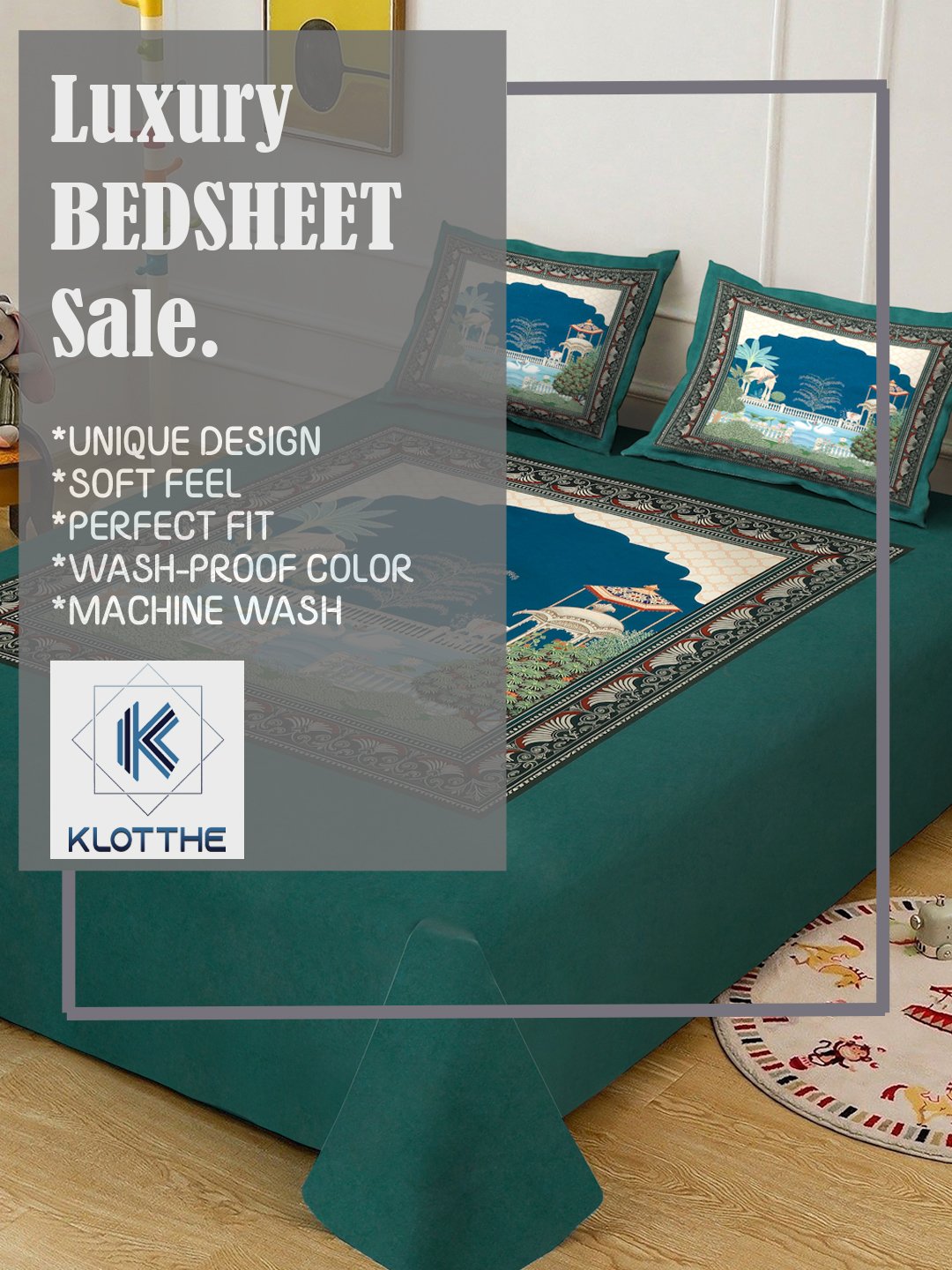 Green Digital Ethnic Motifs Printed Cotton Blend Fitted Double Bedsheet with 2 Pillow Covers