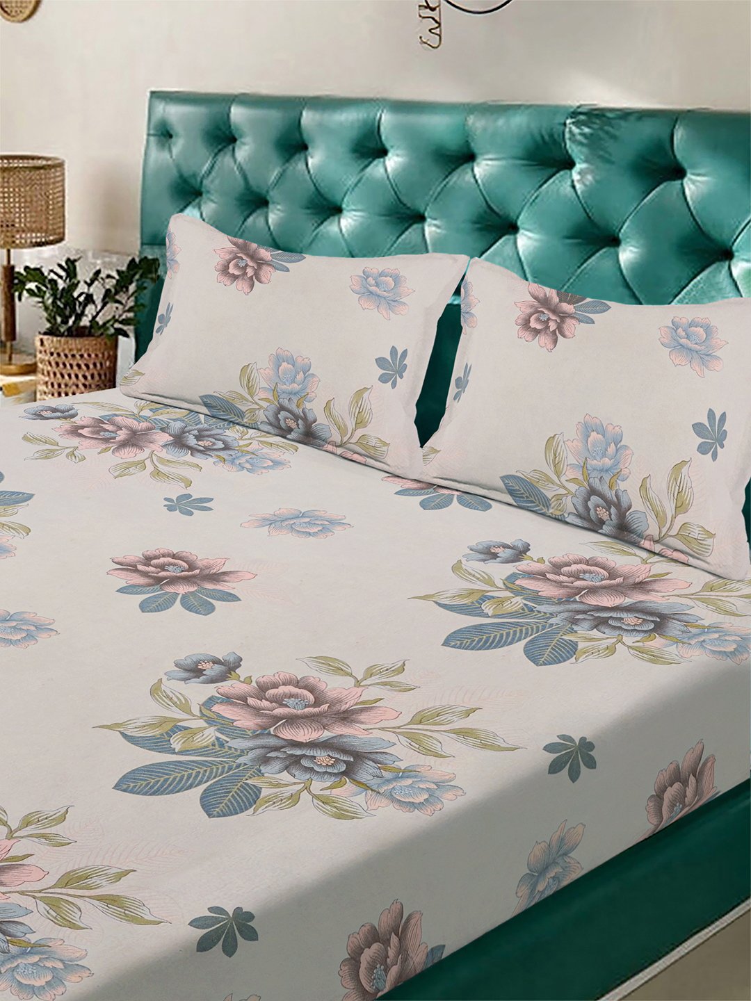 Beige Floral 300 TC Cotton Blend Fitted Double Bedsheet with 2 Pillow Covers