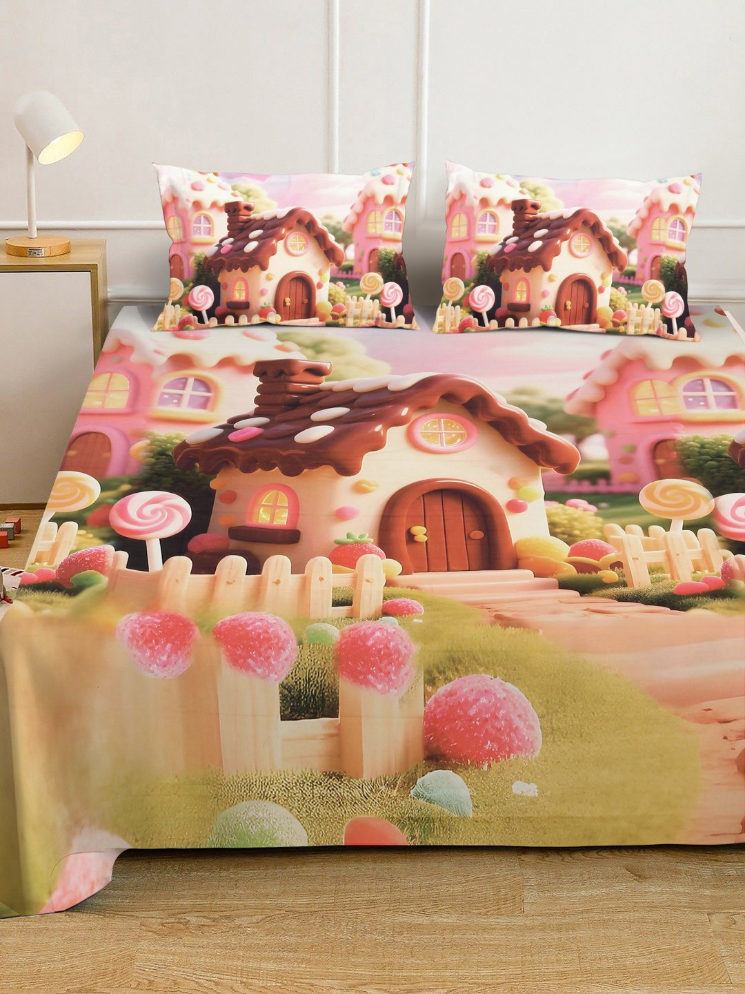Multi 7D Cartoon Characters Printed Fitted Cotton Blend Double Bedsheet with 2 Pillow Covers