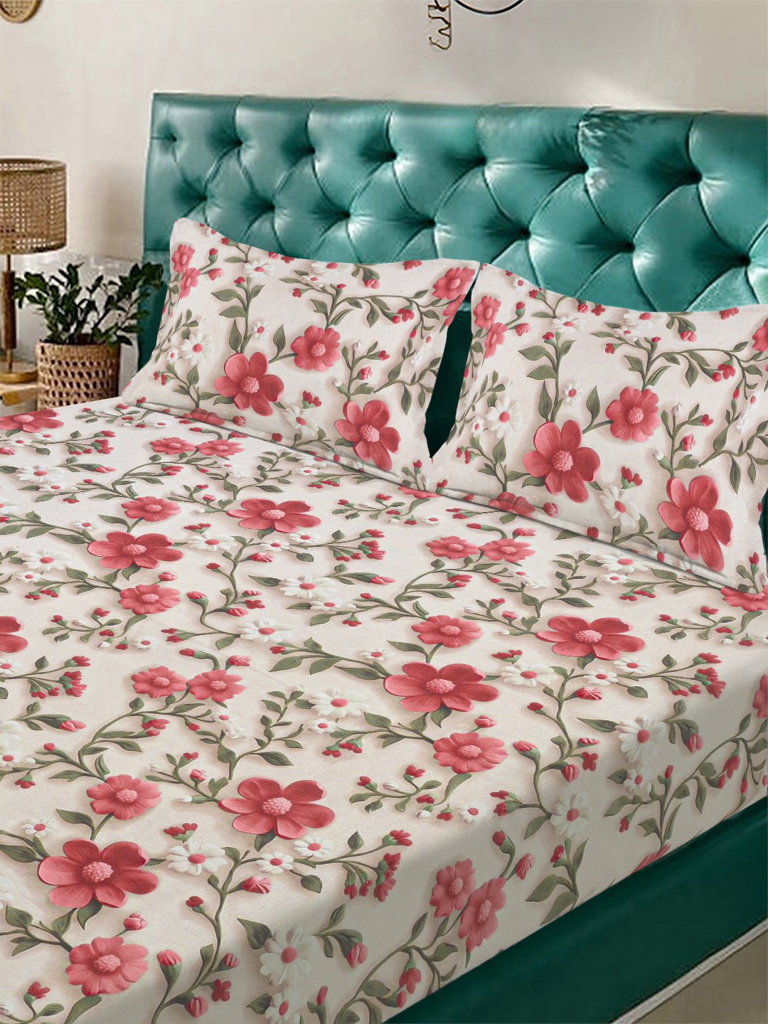 Cream Floral 7D King Size Cotton Blend Fitted Double Bedsheet with 2 Pillow Covers
