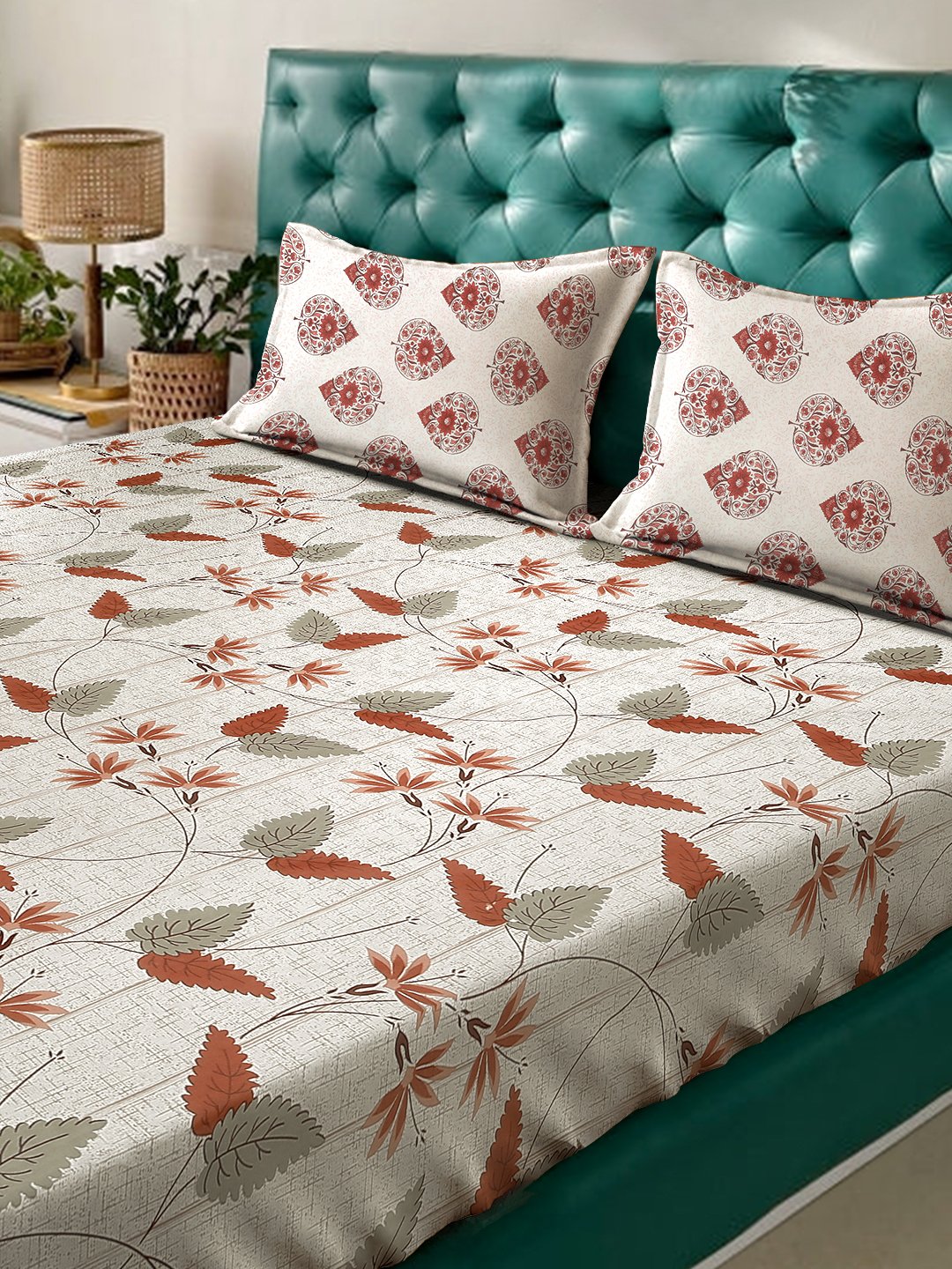 Beige Floral 400 TC Pure Cotton Double Bedsheet with 2 Pillow Covers