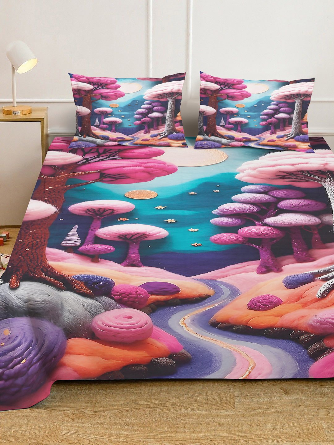 Purple 7D Floral Printed Fitted Cotton Blend Double Bedsheet with 2 Pillow Covers
