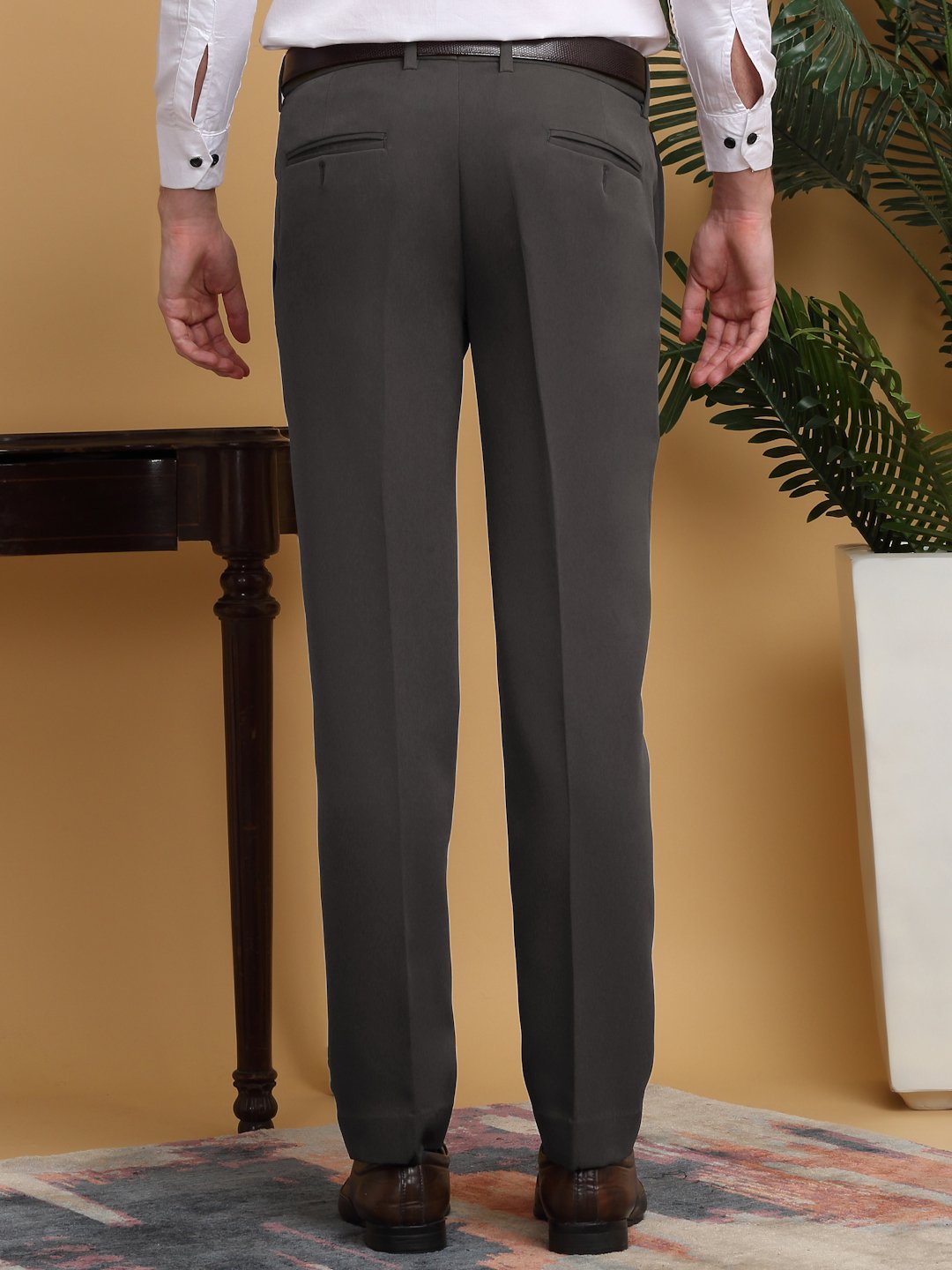 Brown Lycra Cotton Elastic Solid Slim Fit Formal Trouser