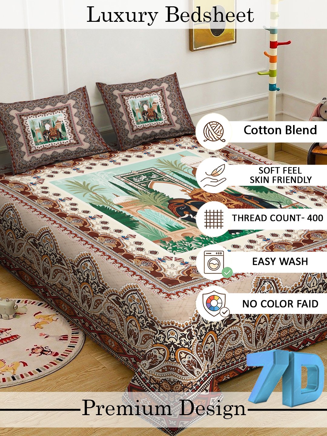 Multi Digital Ethnic Motifs Printed Cotton Blend Double Bedsheet with 2 Pillow Covers