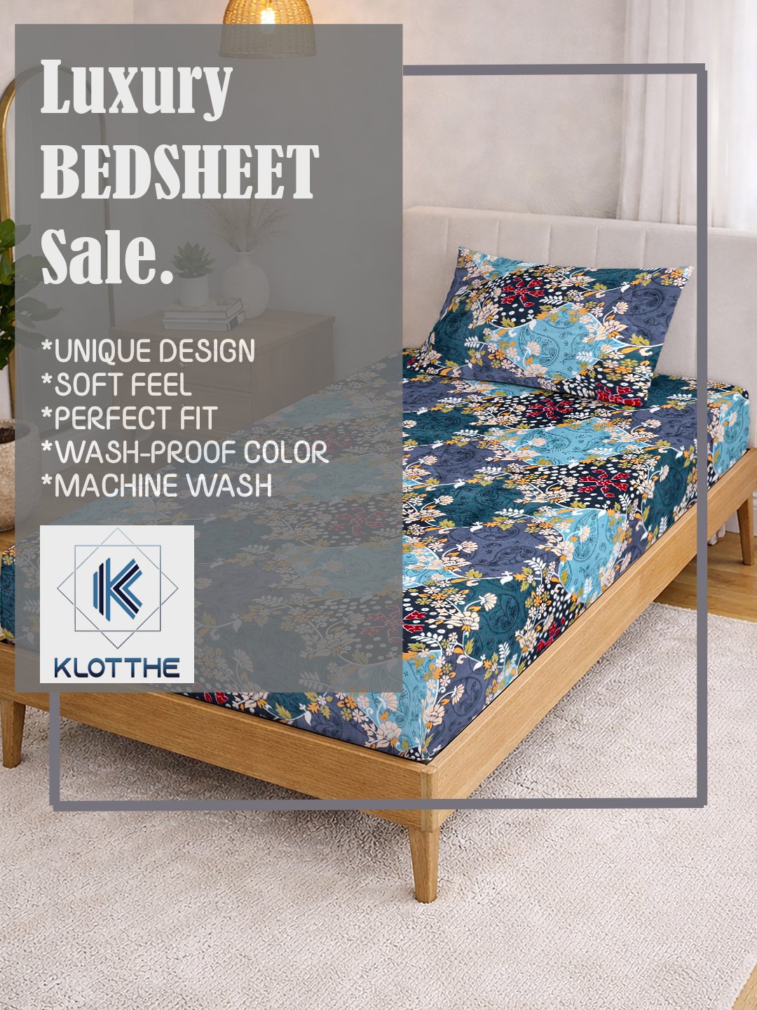 Blue Floral Cotton Blend Fitted Single Bedsheet with Pillow Cover