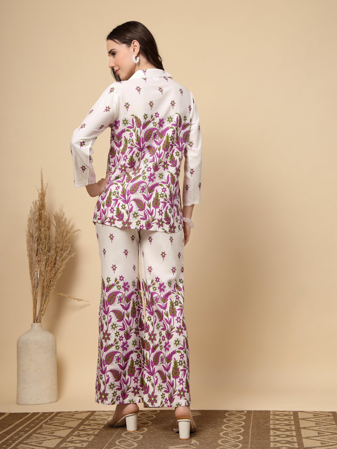 Cream Cotton Printed Shirt With Trousers Co-Ords Set