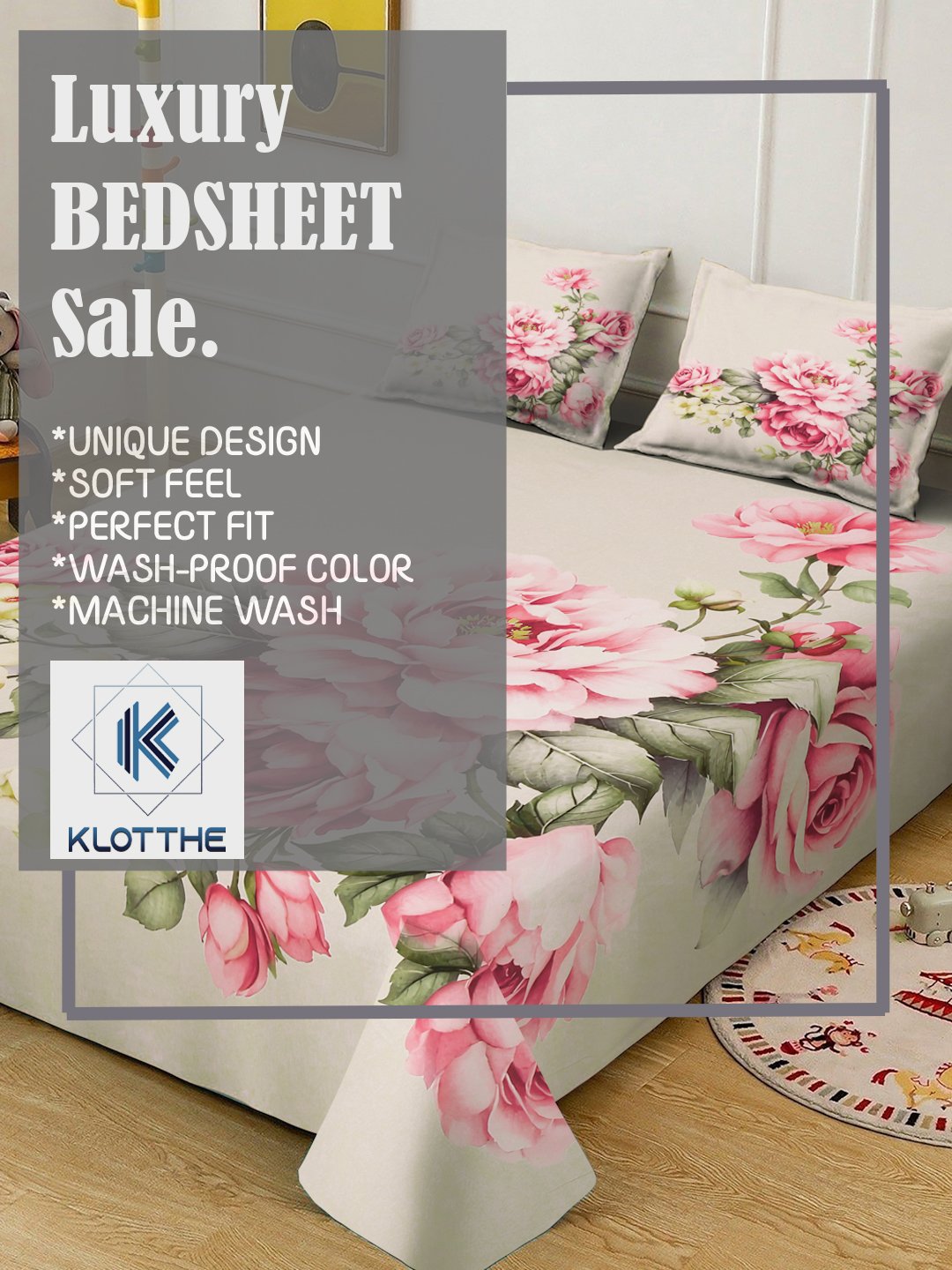 Beige Digital Floral Printed Cotton Blend Fitted Double Bedsheet with 2 Pillow Covers