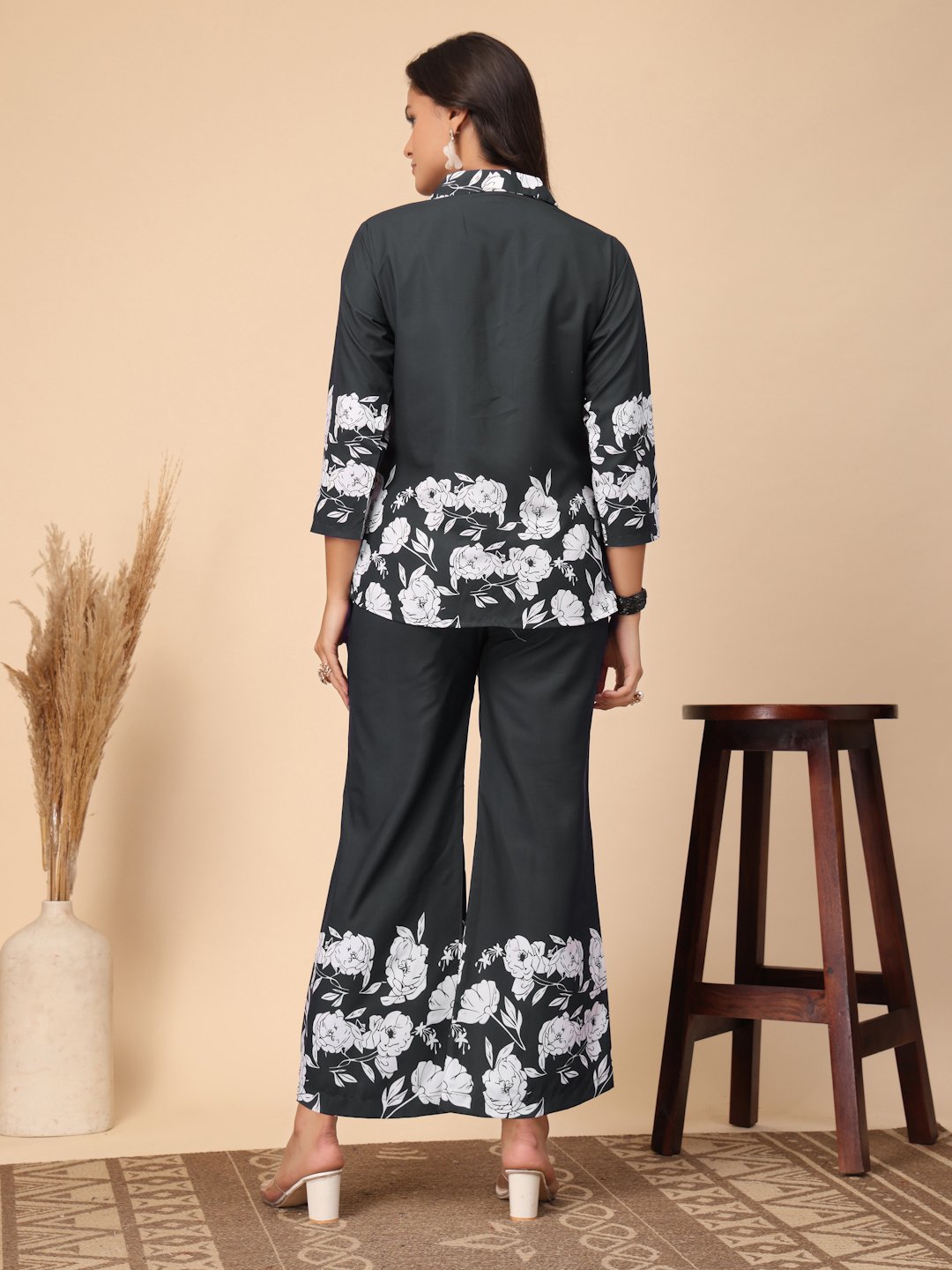 Black Cotton Printed Shirt With Trousers Co-Ords Set
