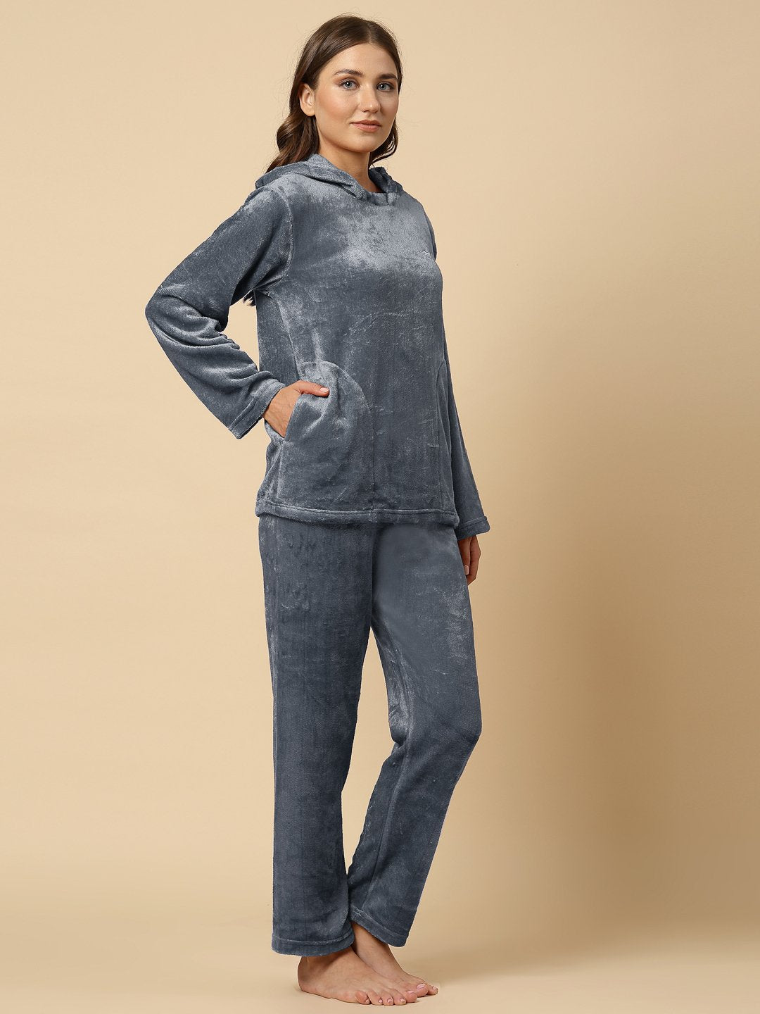 Klotthe Women Grey Wool Blend Solid Hooded Night Suit