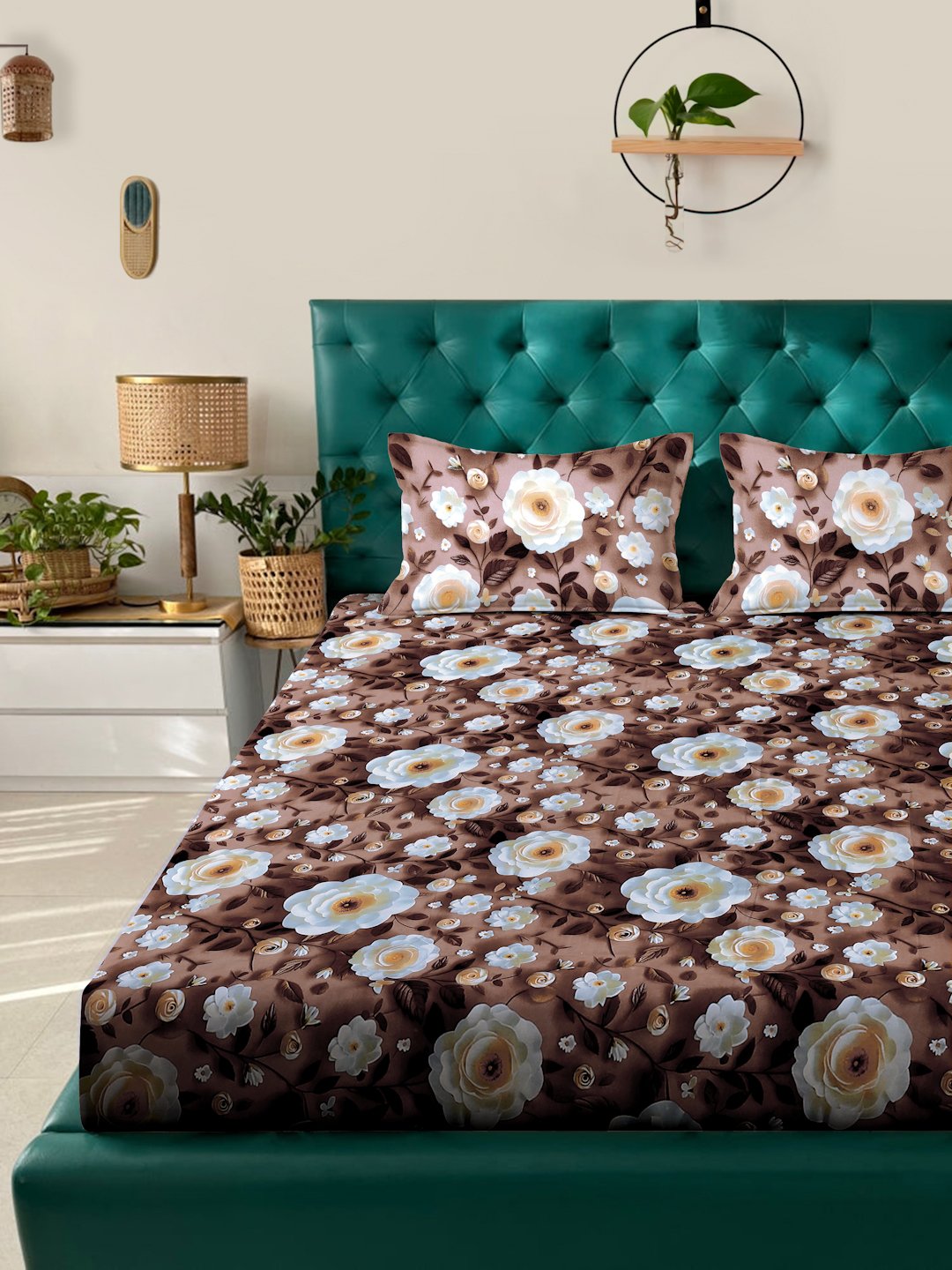 Brown Floral 7D King Size Cotton Blend Fitted Double Bedsheet with 2 Pillow Covers