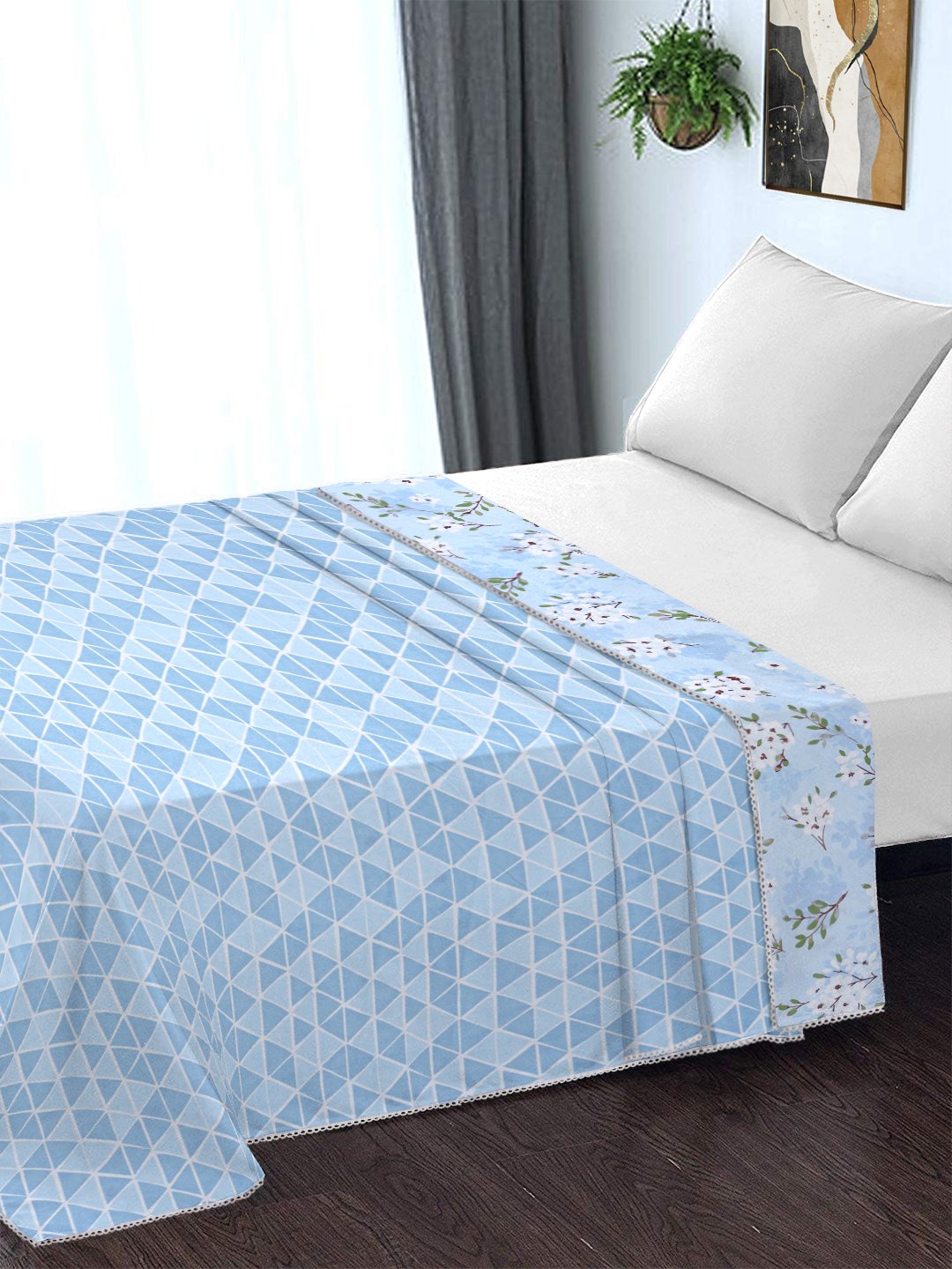 Blue Cotton Blend Floral Double Bed Dohar