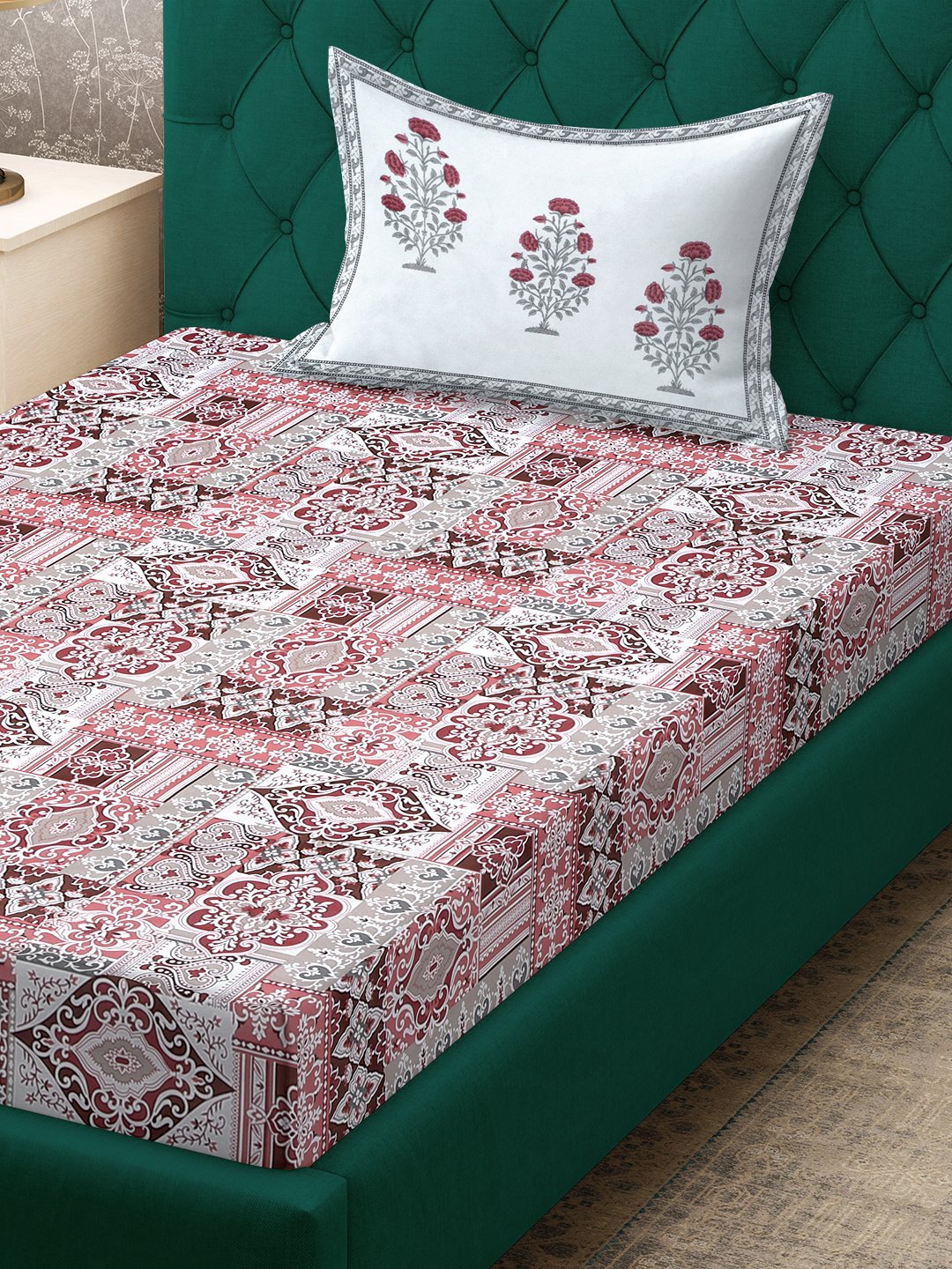 Red Ethnic Motifs 400 TC Pure Cotton Single Bedsheet with Pillow Cover