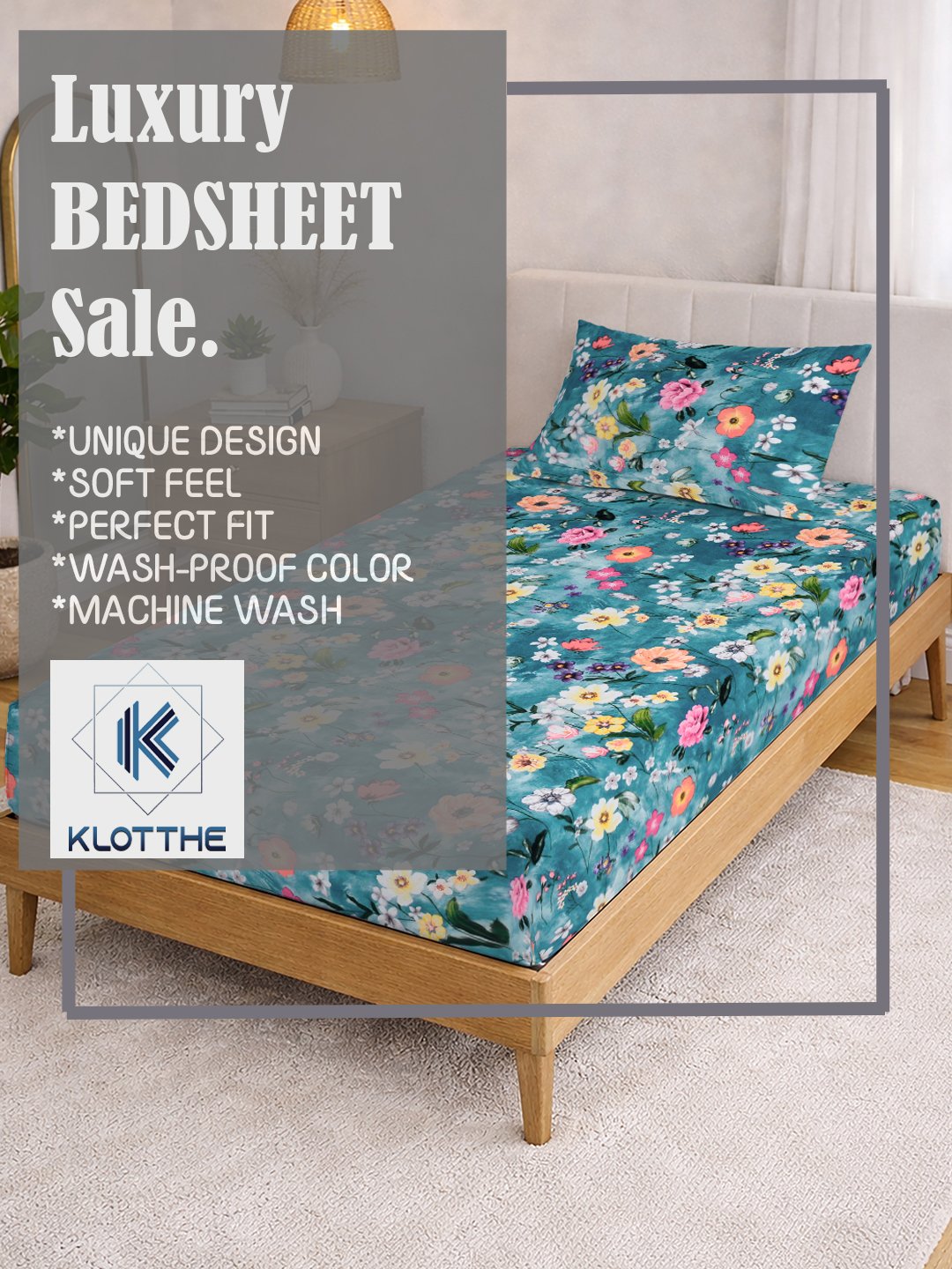 Blue Floral Cotton Blend Single Bedsheet with Pillow Cover