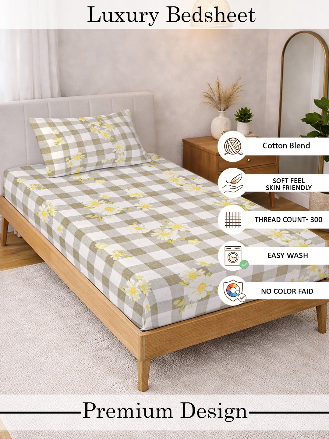 Beige Floral Cotton Blend Single Bedsheet with Pillow Cover