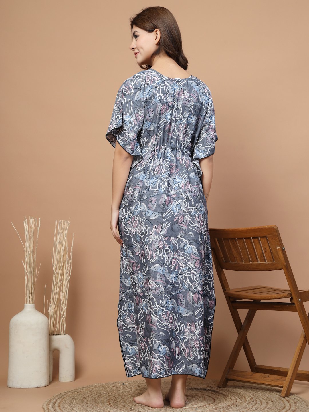 Grey Floral Cotton Blend Kaftan Maxi Nightdress