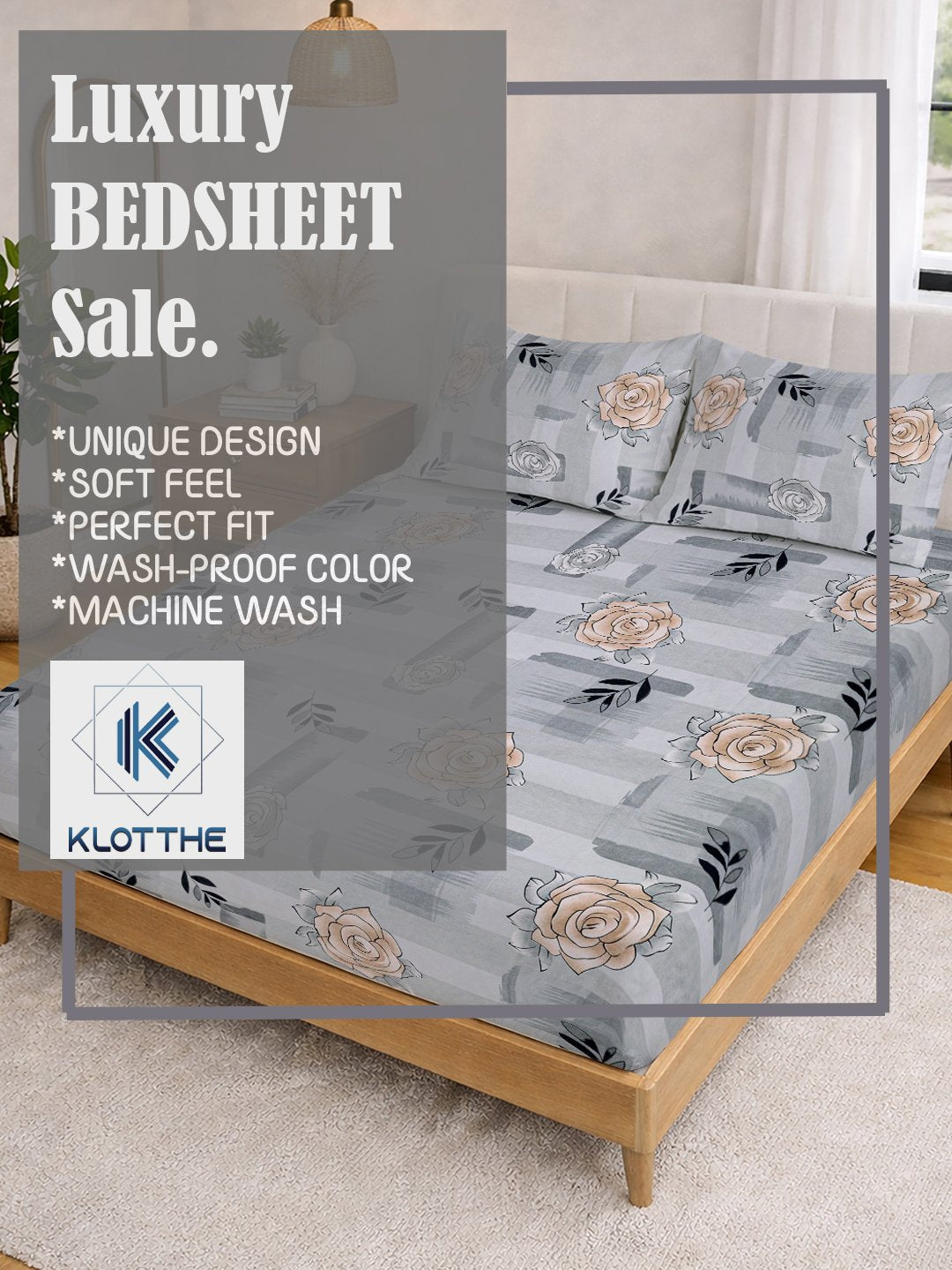 Grey Floral Cotton Blend Fitted Double Bedsheet with 2 Pillow Covers