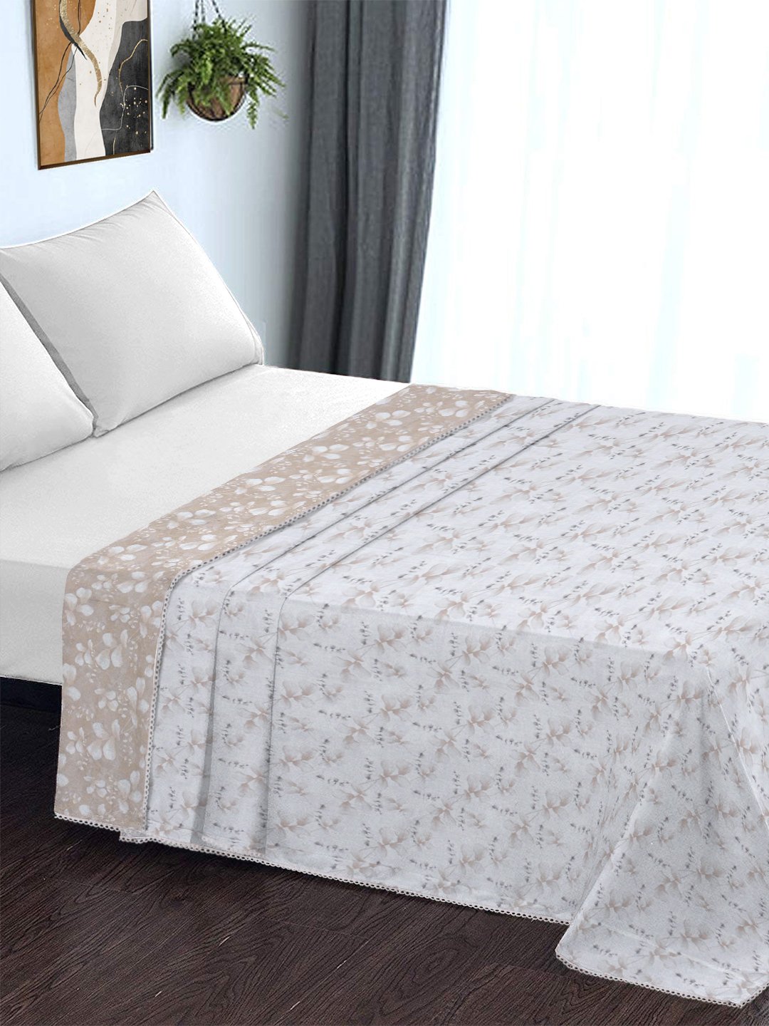 Beige Pure Cotton Floral Double Bed Dohar