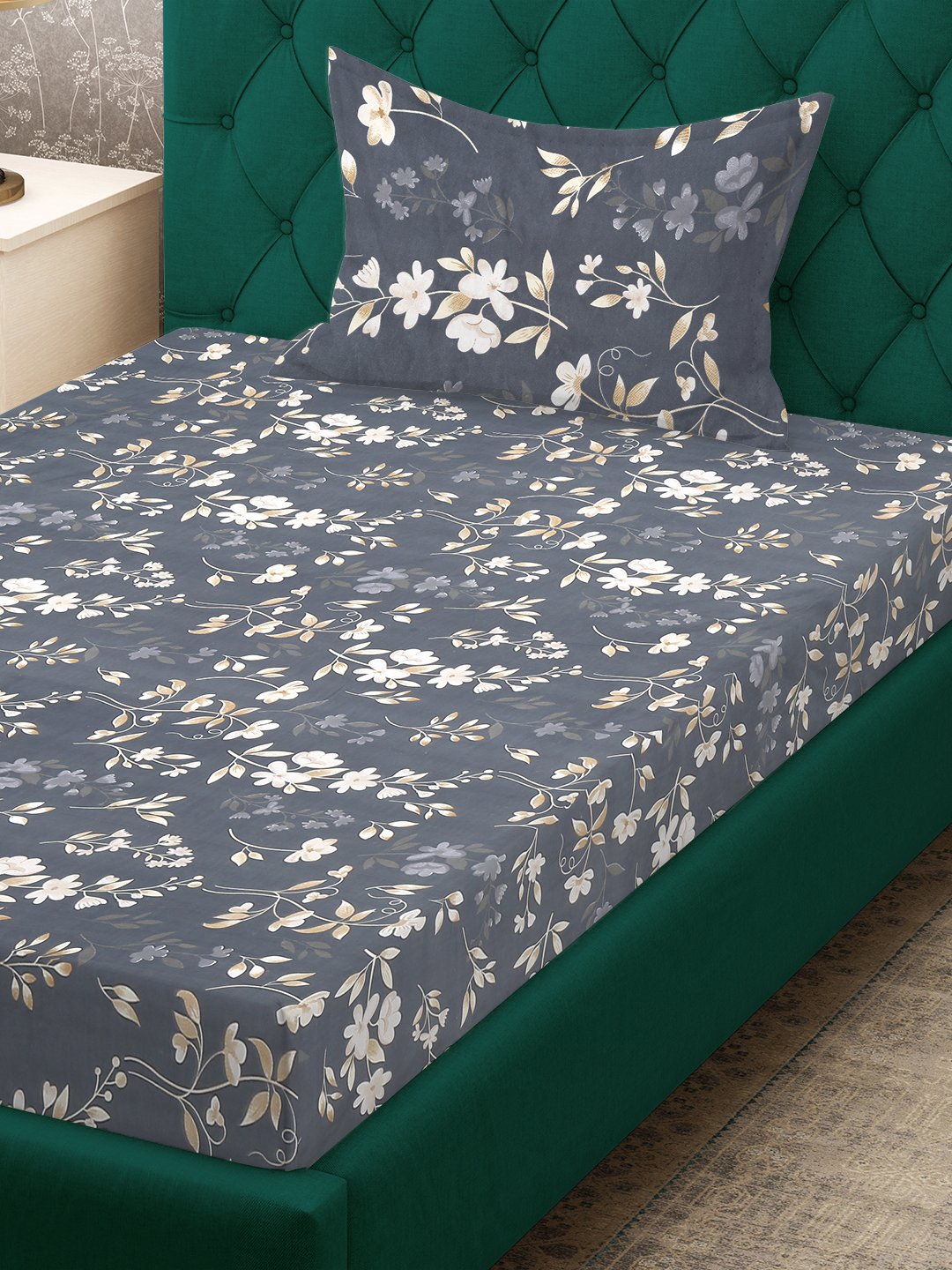 Grey Floral 300 TC Cotton Blend Single Bedsheet with Pillow Cover